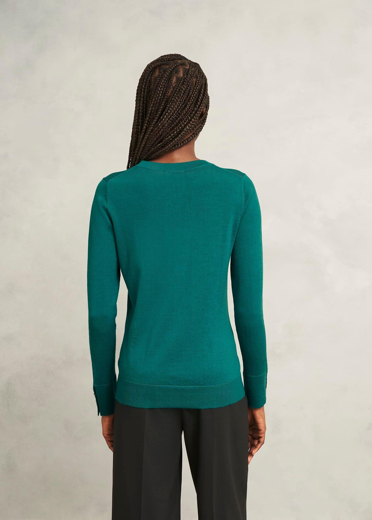 Dark Green Penny Merino Wool Crew Neck Knitted Jumper, Deep Lake Green, hi-res