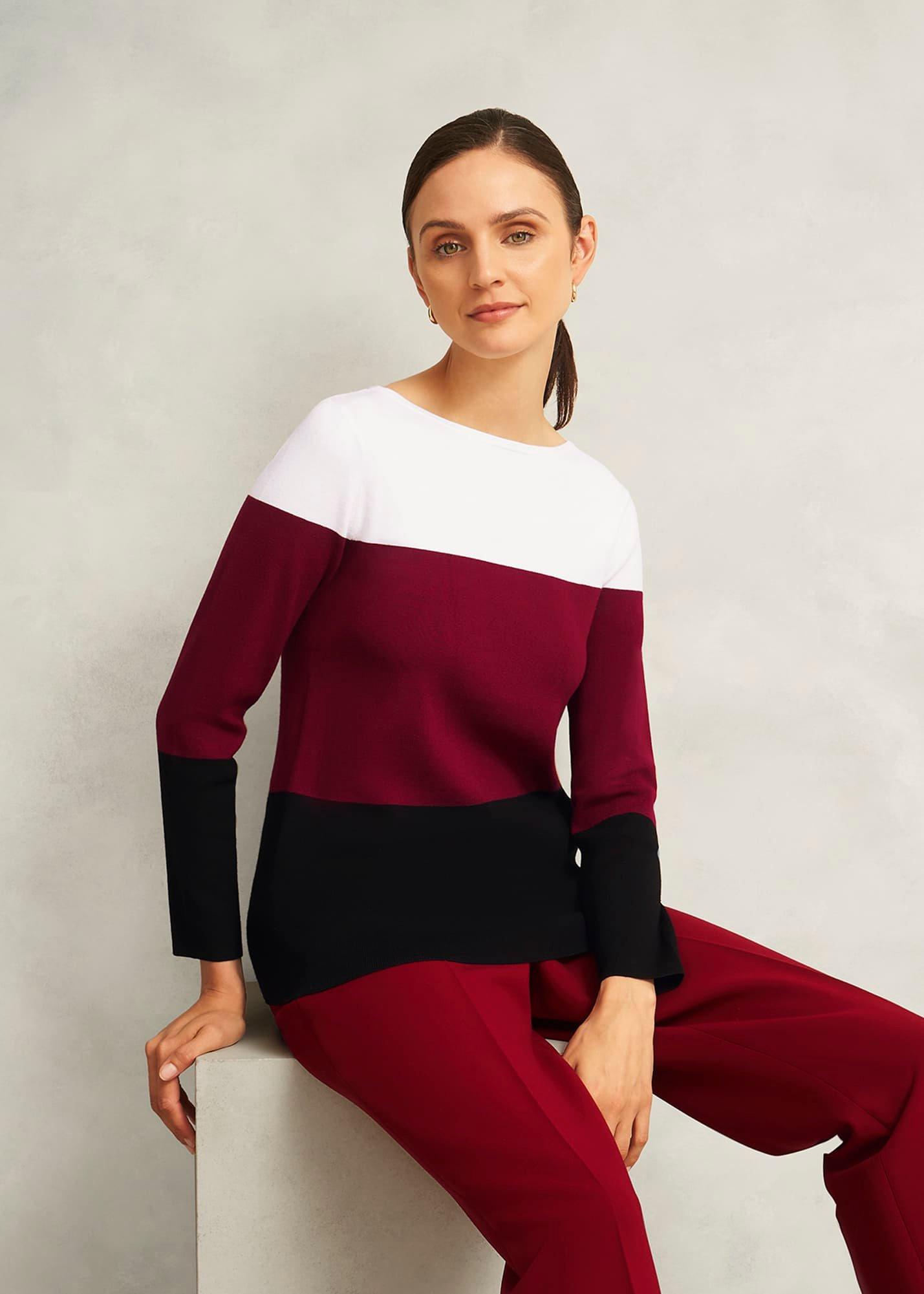 Burgundy Alice Colour Block Crew Neck Knitted Sweater