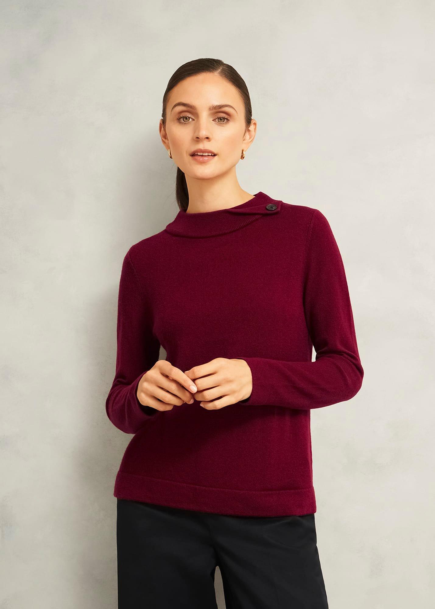 Burgundy Talia Cashmere Blend Button Neck Jumper