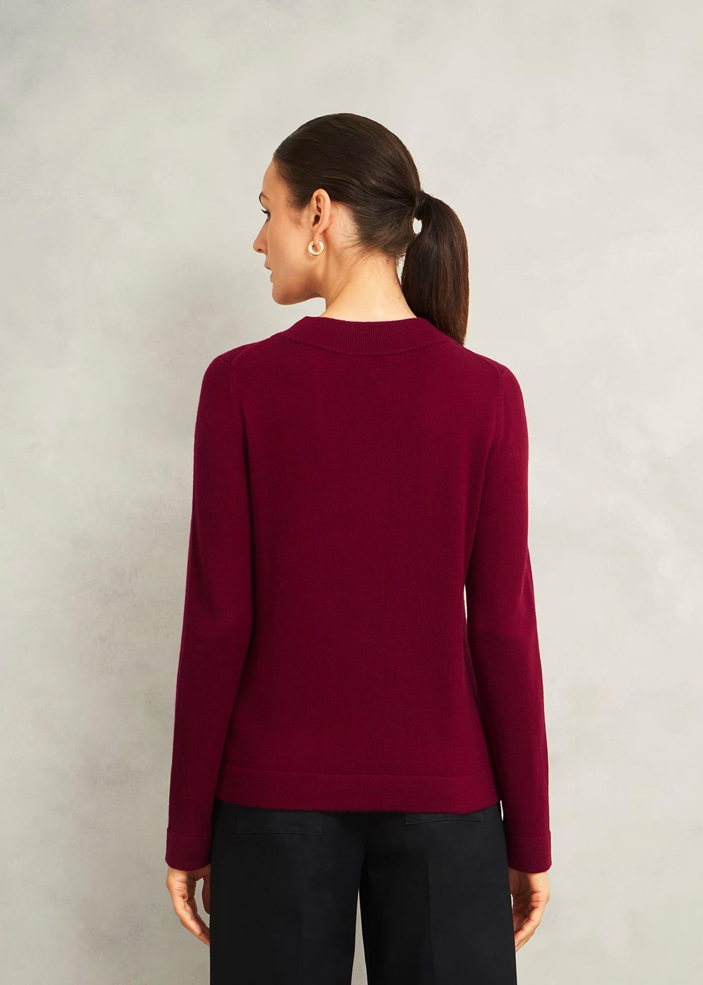 Burgundy Talia Cashmere Blend Button Neck Jumper, Beryl Red, hi-res