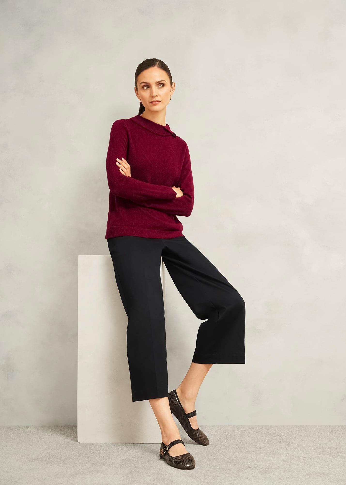 Burgundy Talia Cashmere Blend Button Neck Jumper, Beryl Red, hi-res