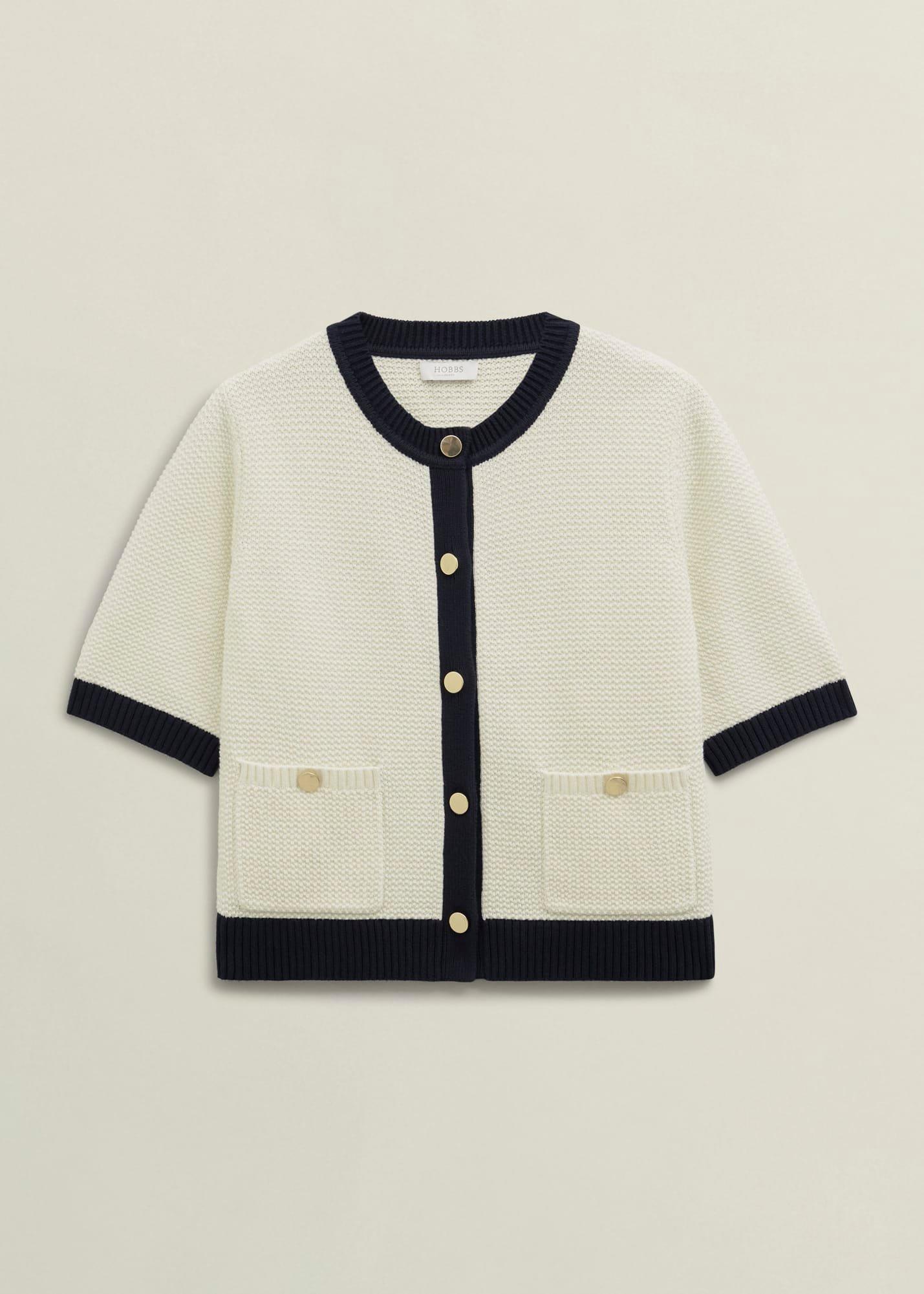 Emily Cotton Cardigan, Ivory Navy, hi-res