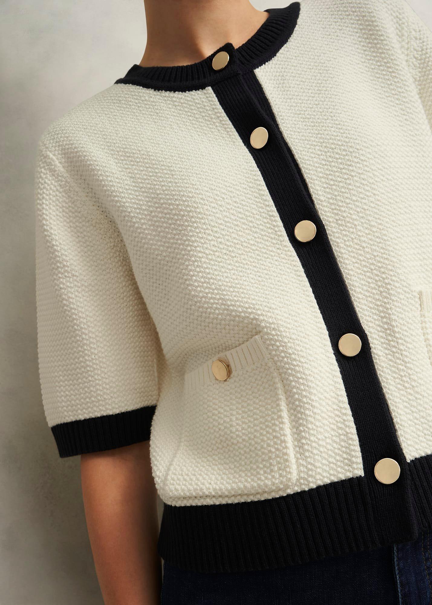 Emily Cotton Cardigan, Ivory Navy, hi-res