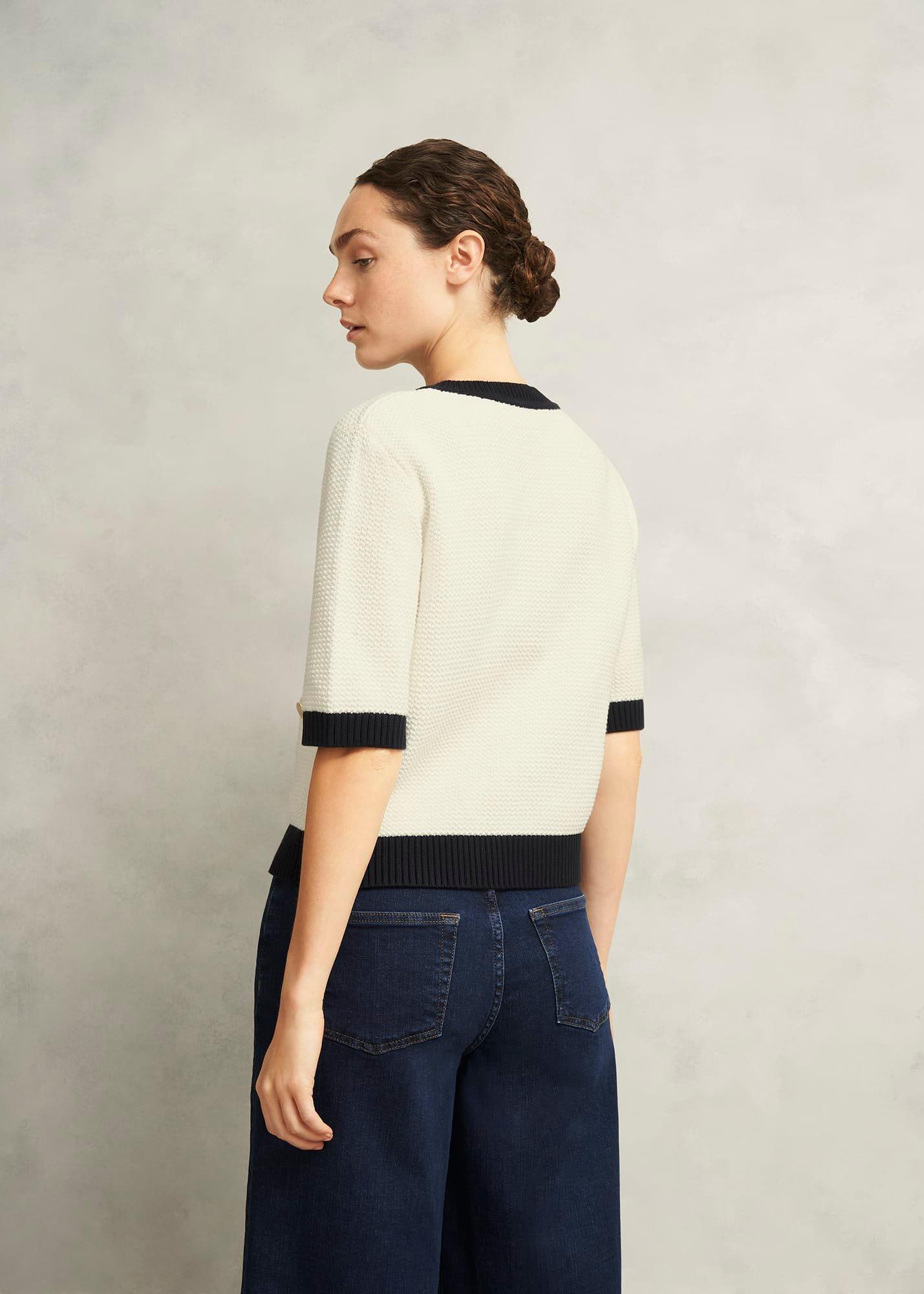 Emily Cotton Cardigan, Ivory Navy, hi-res