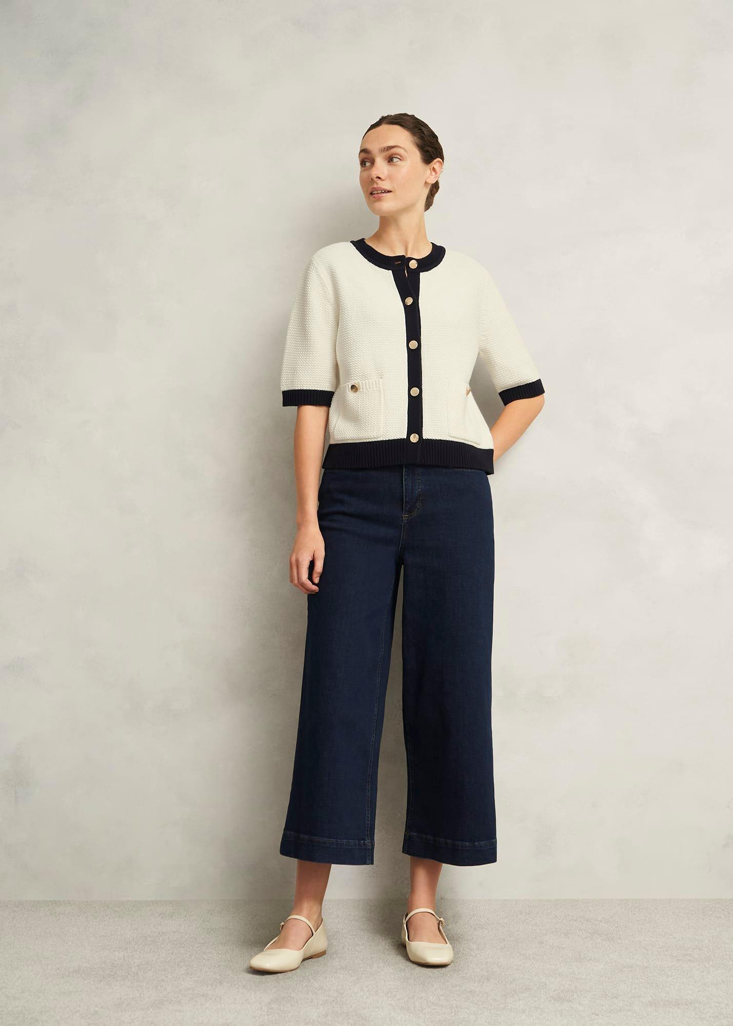 Emily Cotton Cardigan, Ivory Navy, hi-res