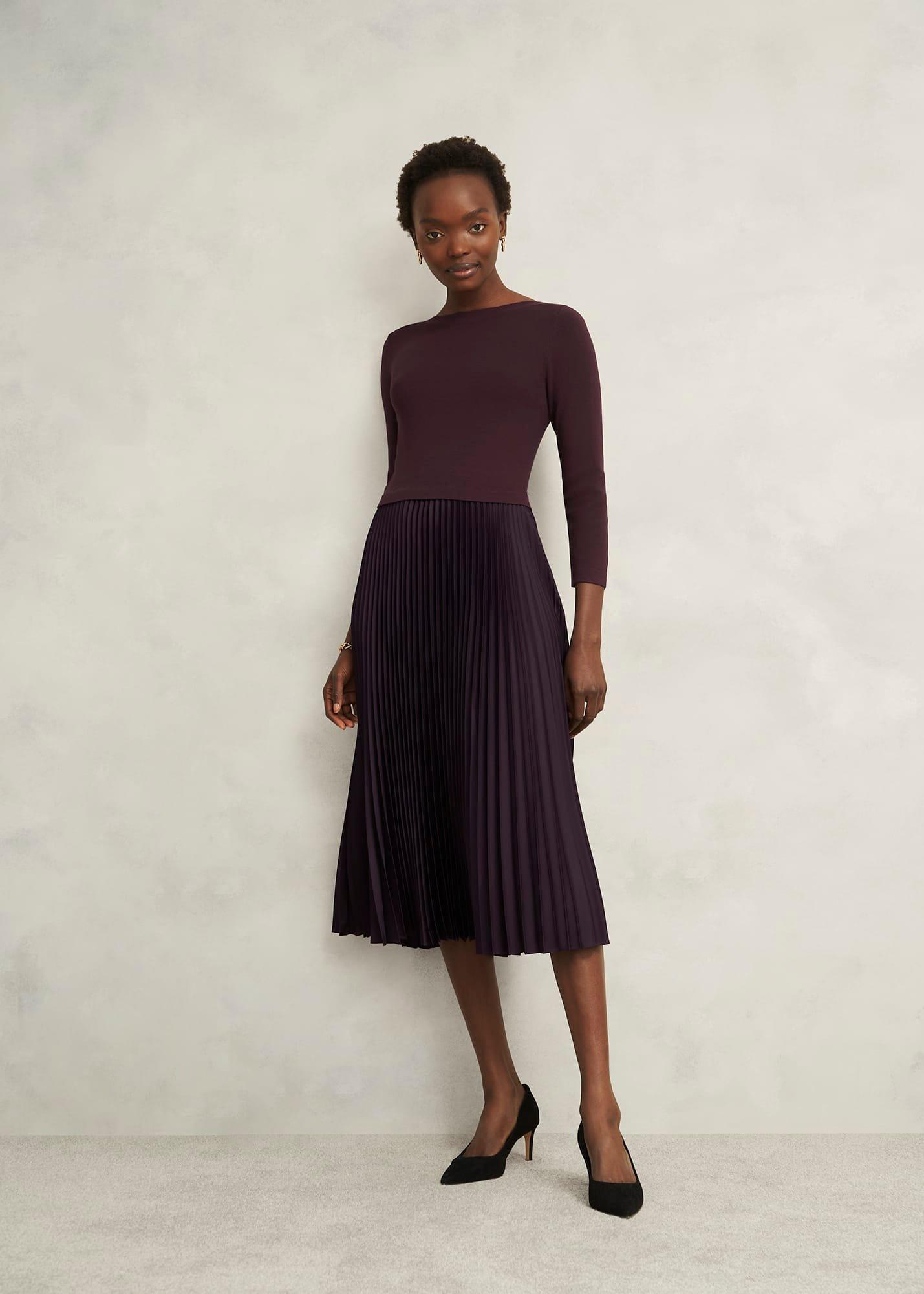 Lucinda Knitted Pleated Midi Dress, Malbec Purple, hi-res