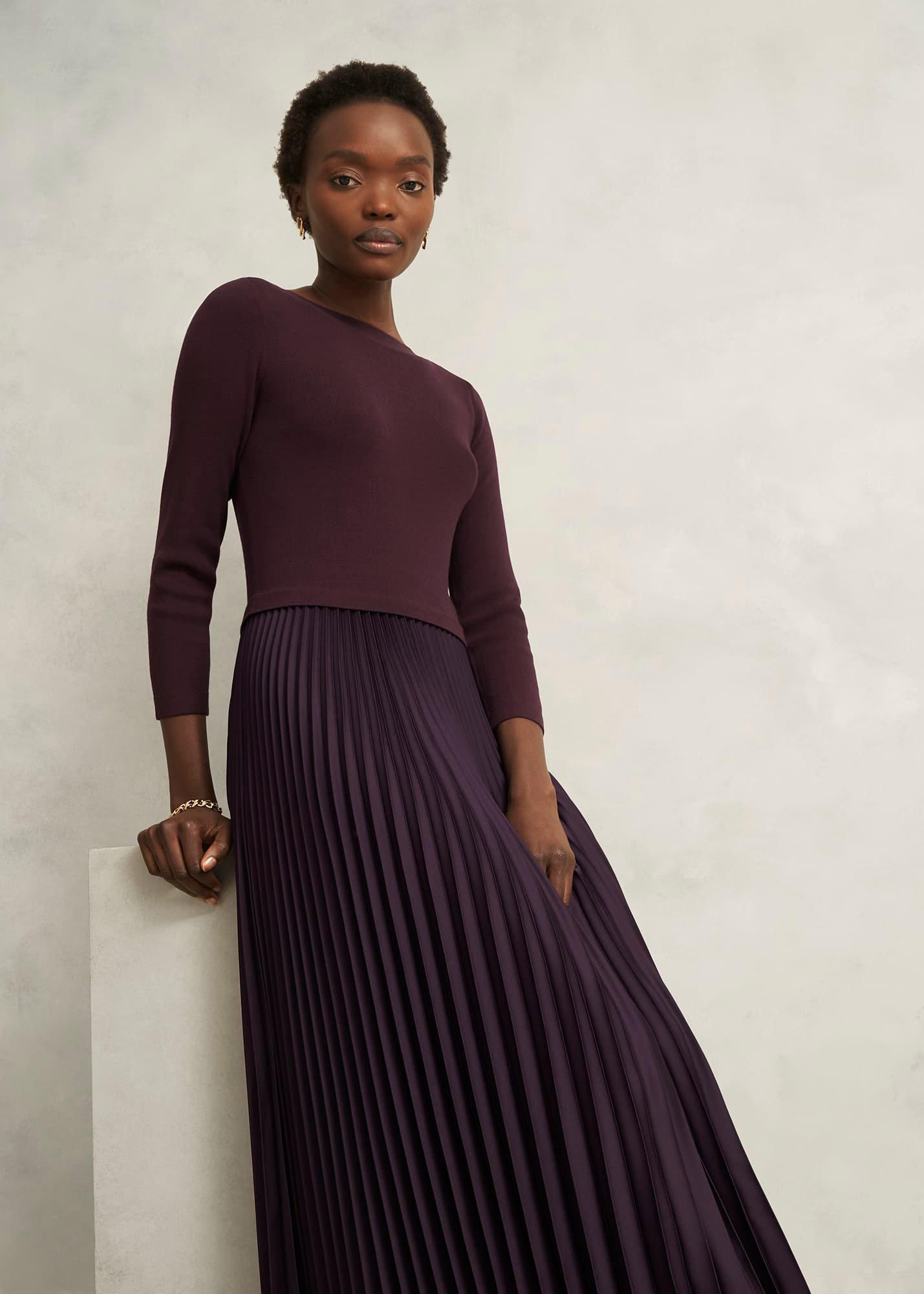 Lucinda Knitted Pleated Midi Dress, Malbec Purple, hi-res