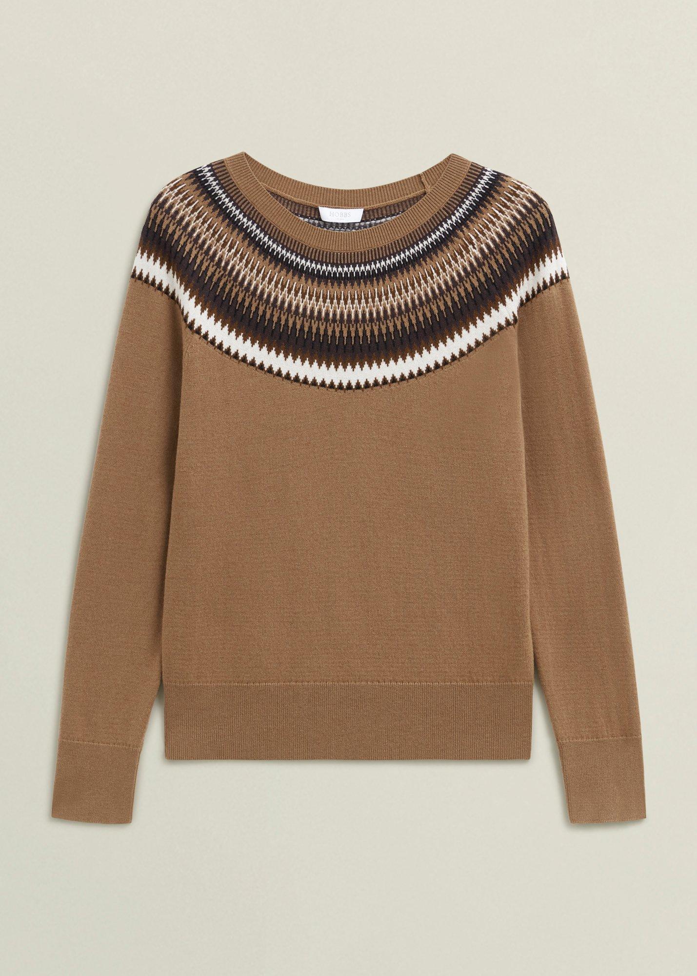 Camel Greta Wool Blend Fairisle Crew Neck Knitted Jumper