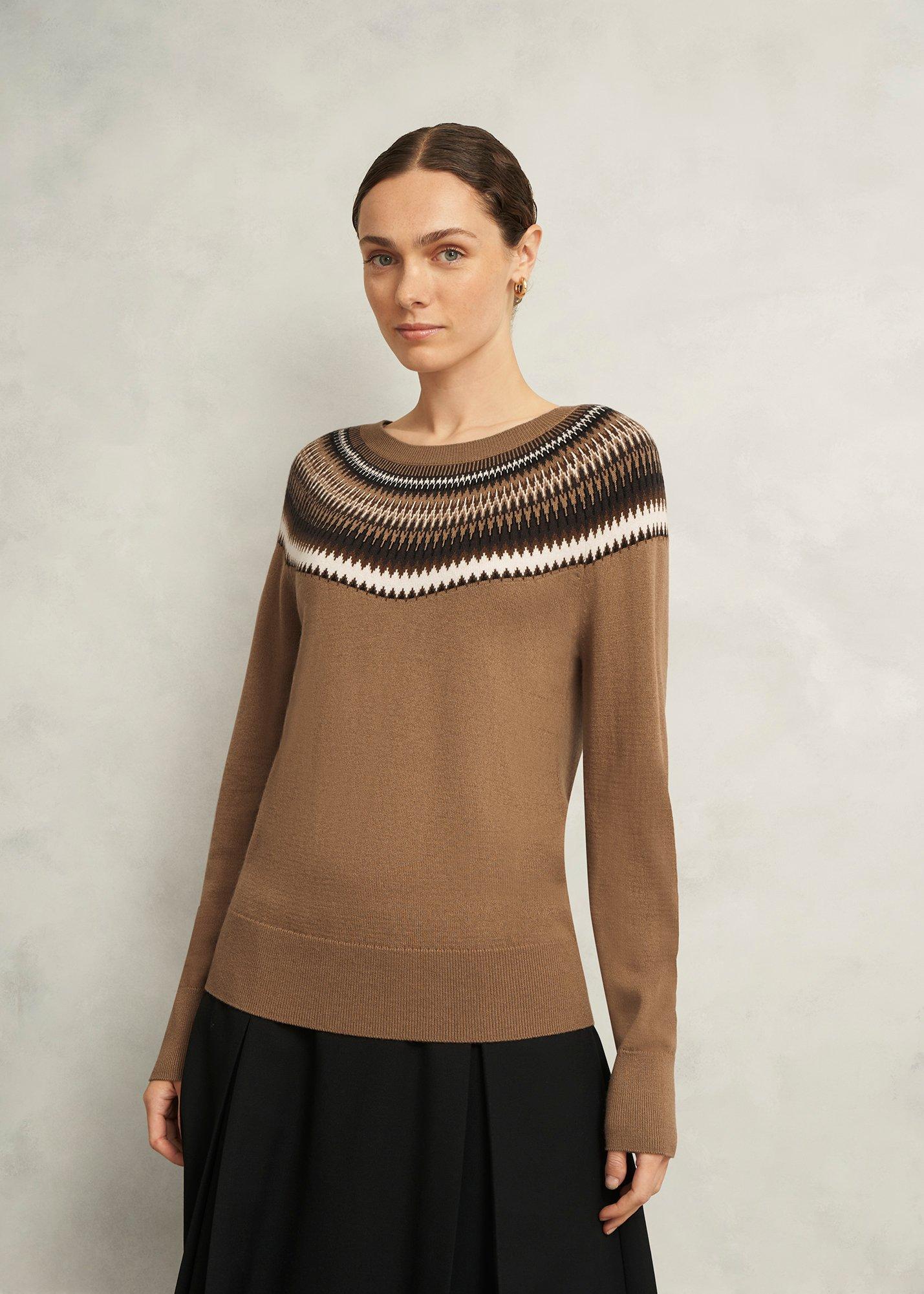 Camel Greta Wool Blend Fairisle Crew Neck Knitted Jumper