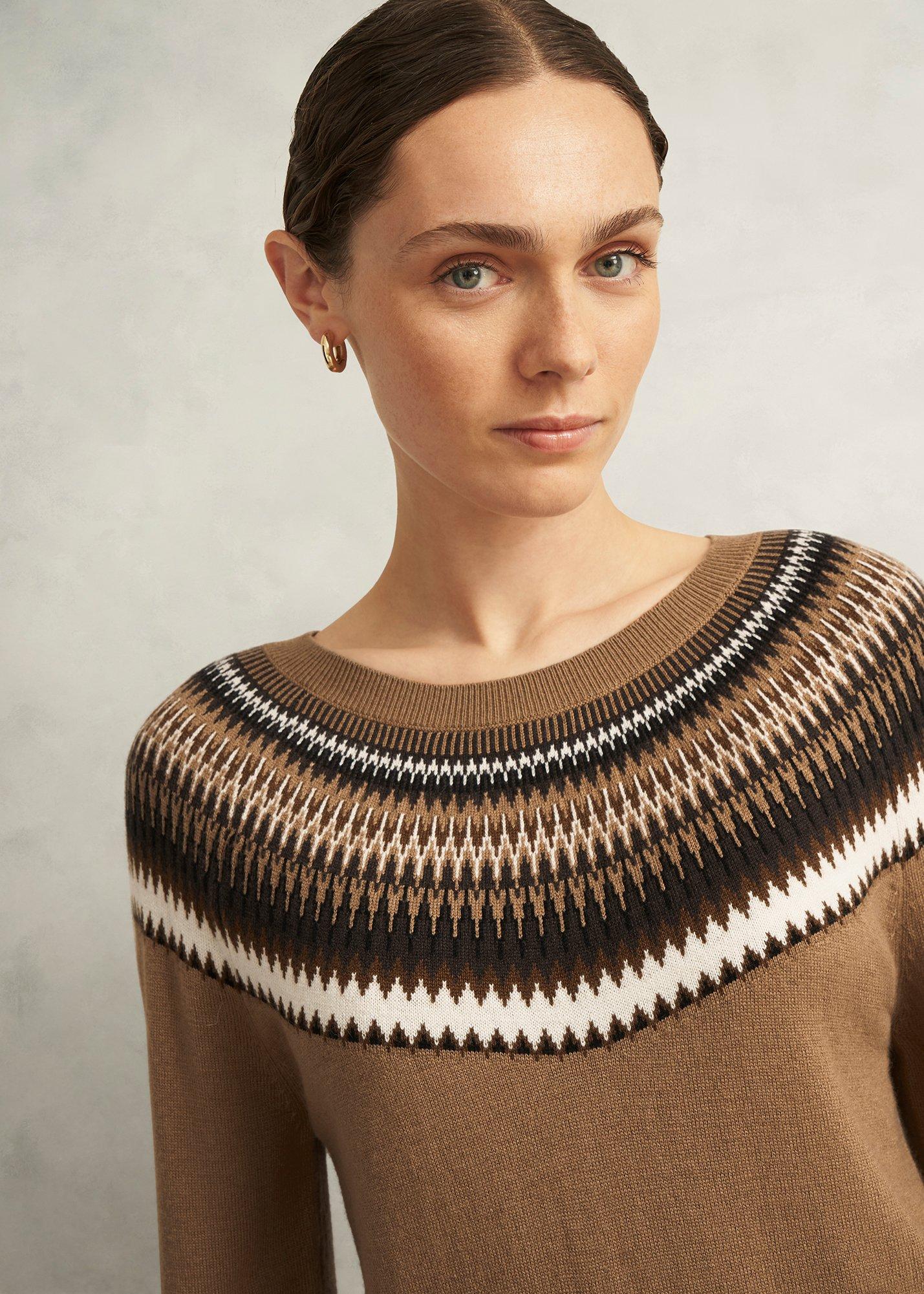 Camel Greta Wool Blend Fairisle Crew Neck Knitted Jumper, Camel Marl, hi-res