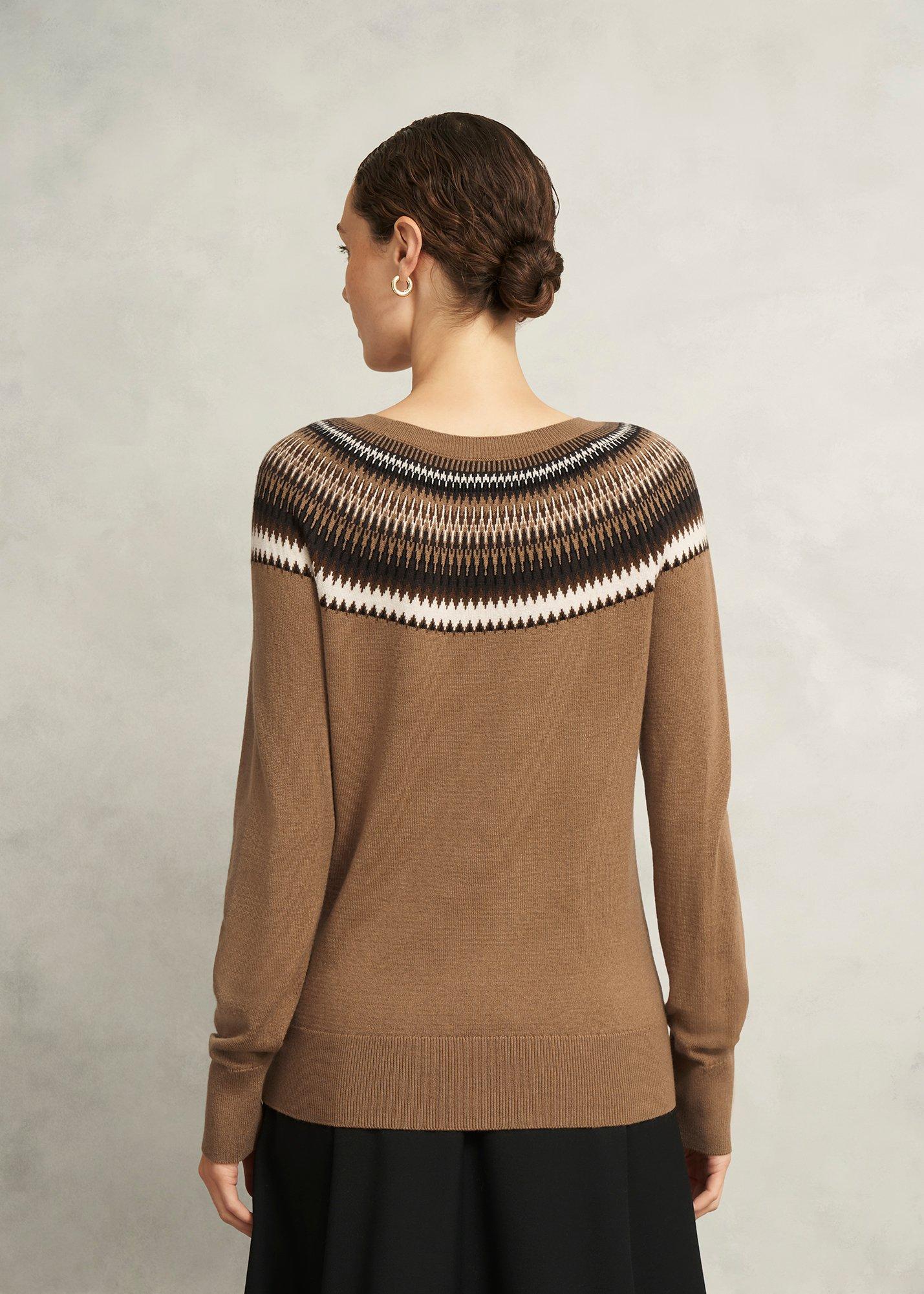 Camel Greta Wool Blend Fairisle Crew Neck Knitted Jumper, Camel Marl, hi-res