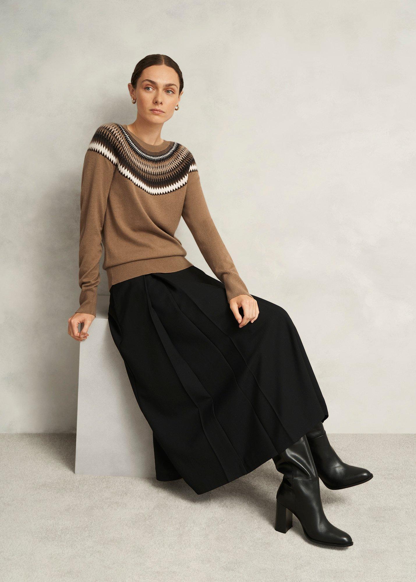 Camel Greta Wool Blend Fairisle Crew Neck Knitted Jumper, Camel Marl, hi-res