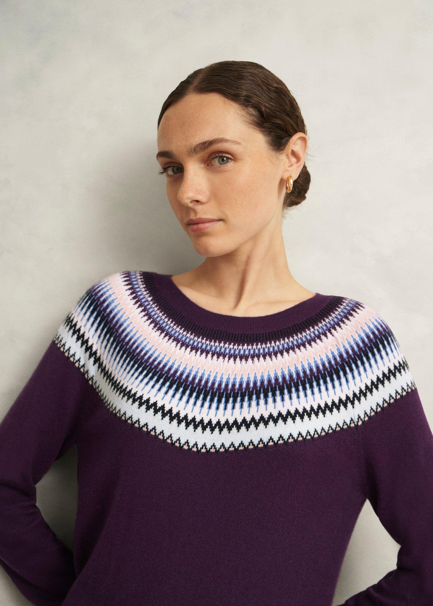 Purple Greta Wool Blend Fairisle Crew Neck Sweater, Vibrant Purple, hi-res