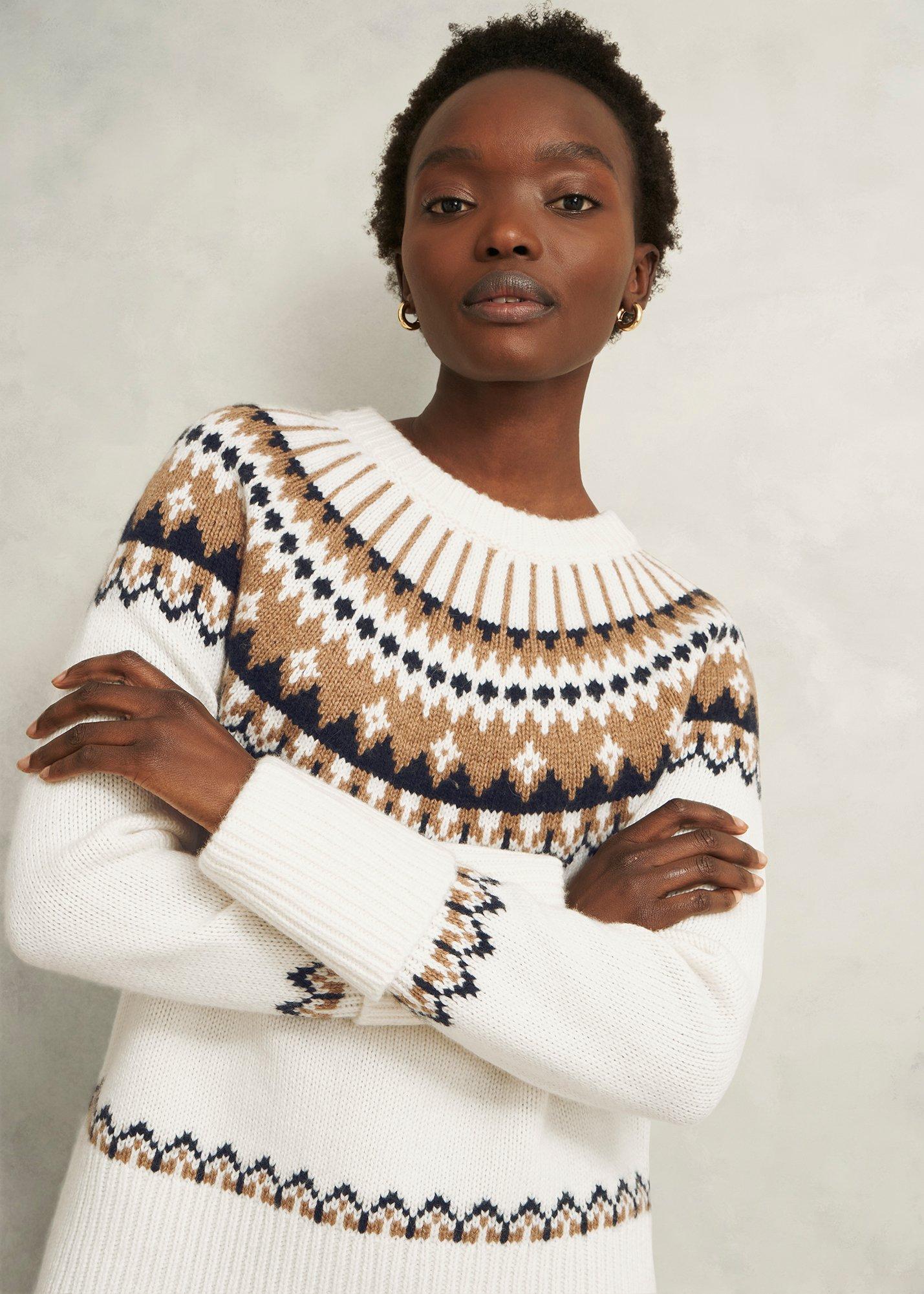 Anya Fairisle Chunky Crew Jumper, Ivory Camel, hi-res