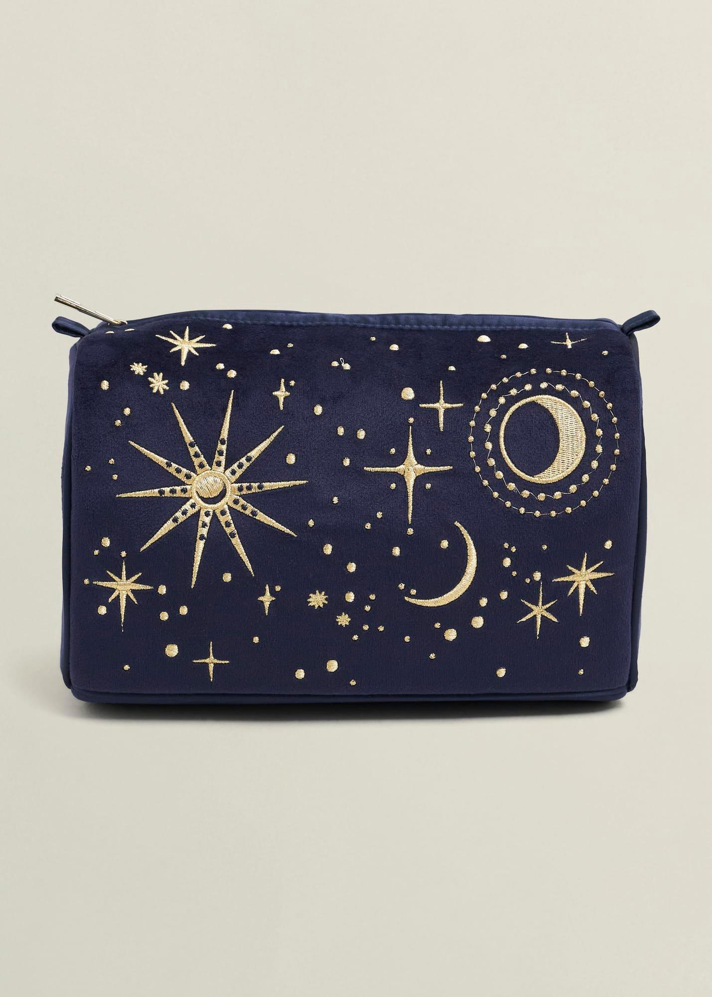 Aurelia Embroidered Velvet Washbag, Navy Gold, hi-res