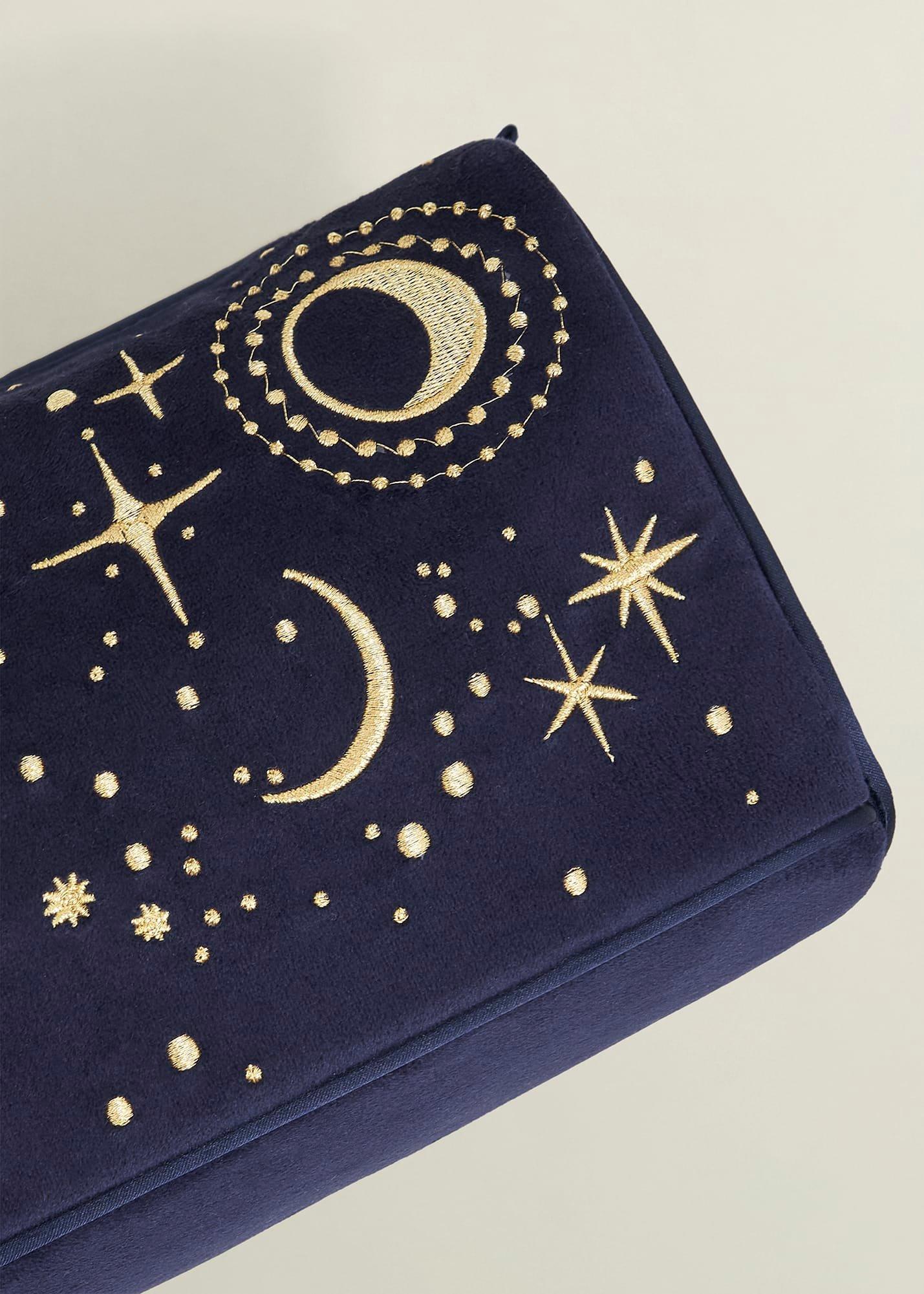 Aurelia Embroidered Velvet Washbag, Navy Gold, hi-res