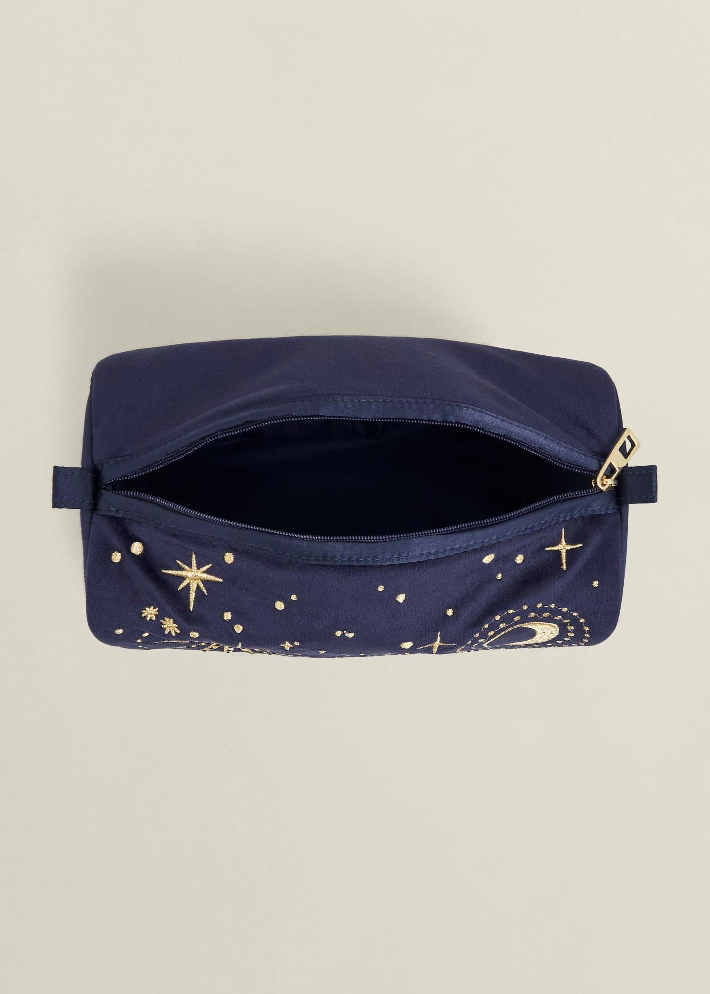 Aurelia Embroidered Velvet Washbag, Navy Gold, hi-res