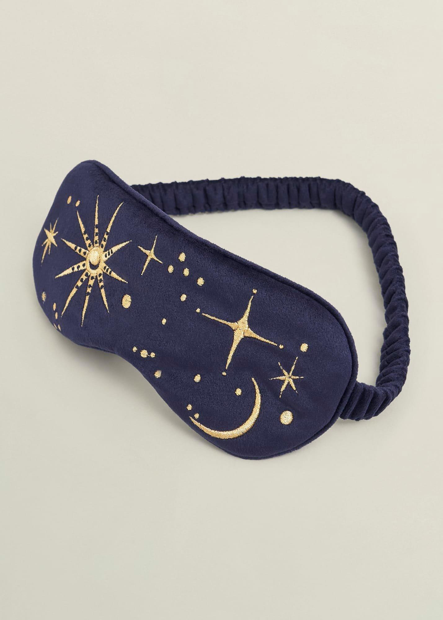 Gabriella Embroidered Silk Eye Mask, Navy Gold, hi-res