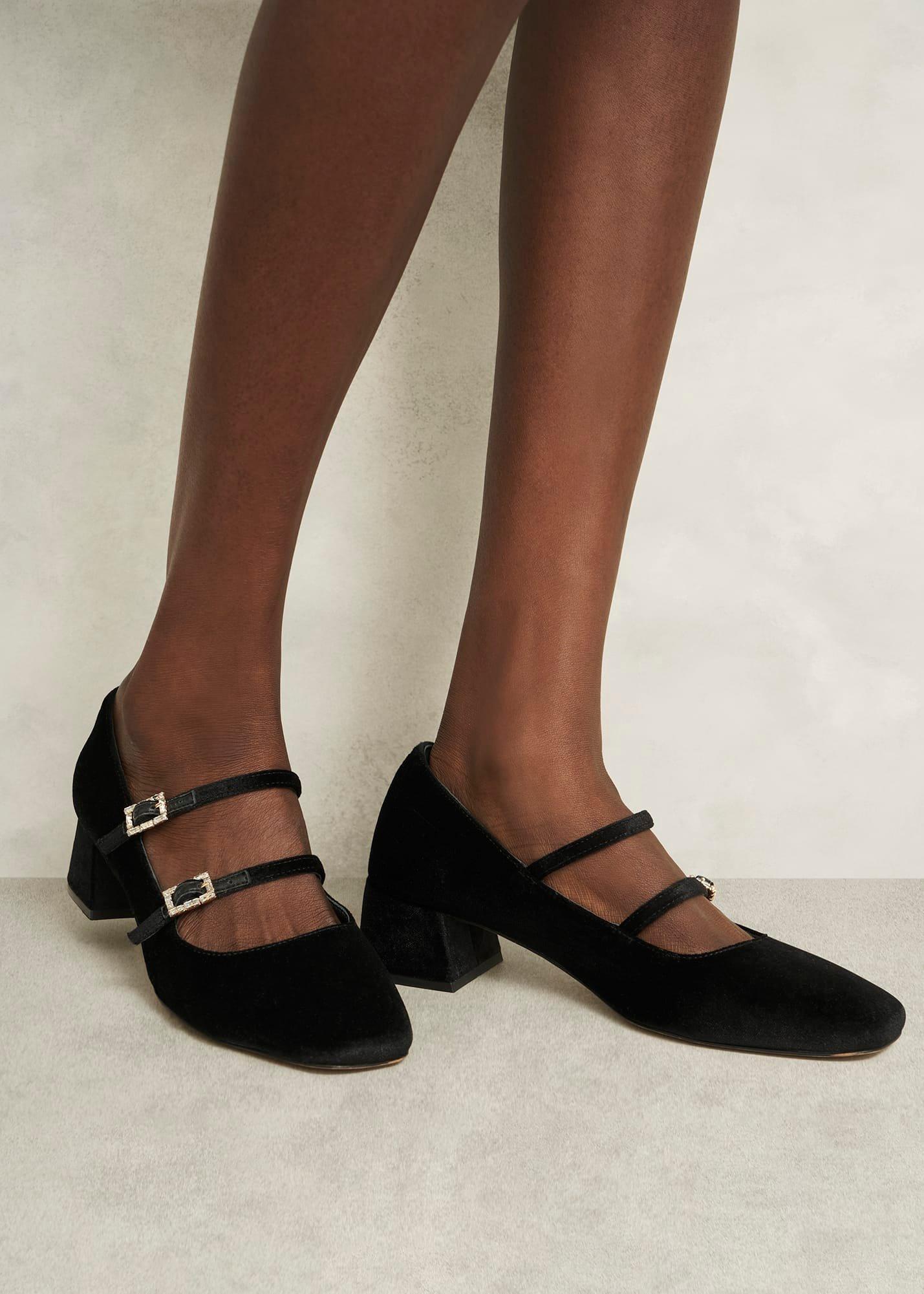 Rosaleen Velvet Heeled Mary Janes, Black, hi-res