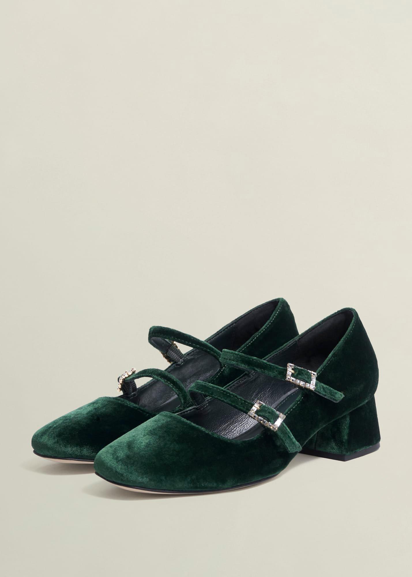 Rosaleen Velvet Heeled Mary Janes, Ponderosa Green, hi-res