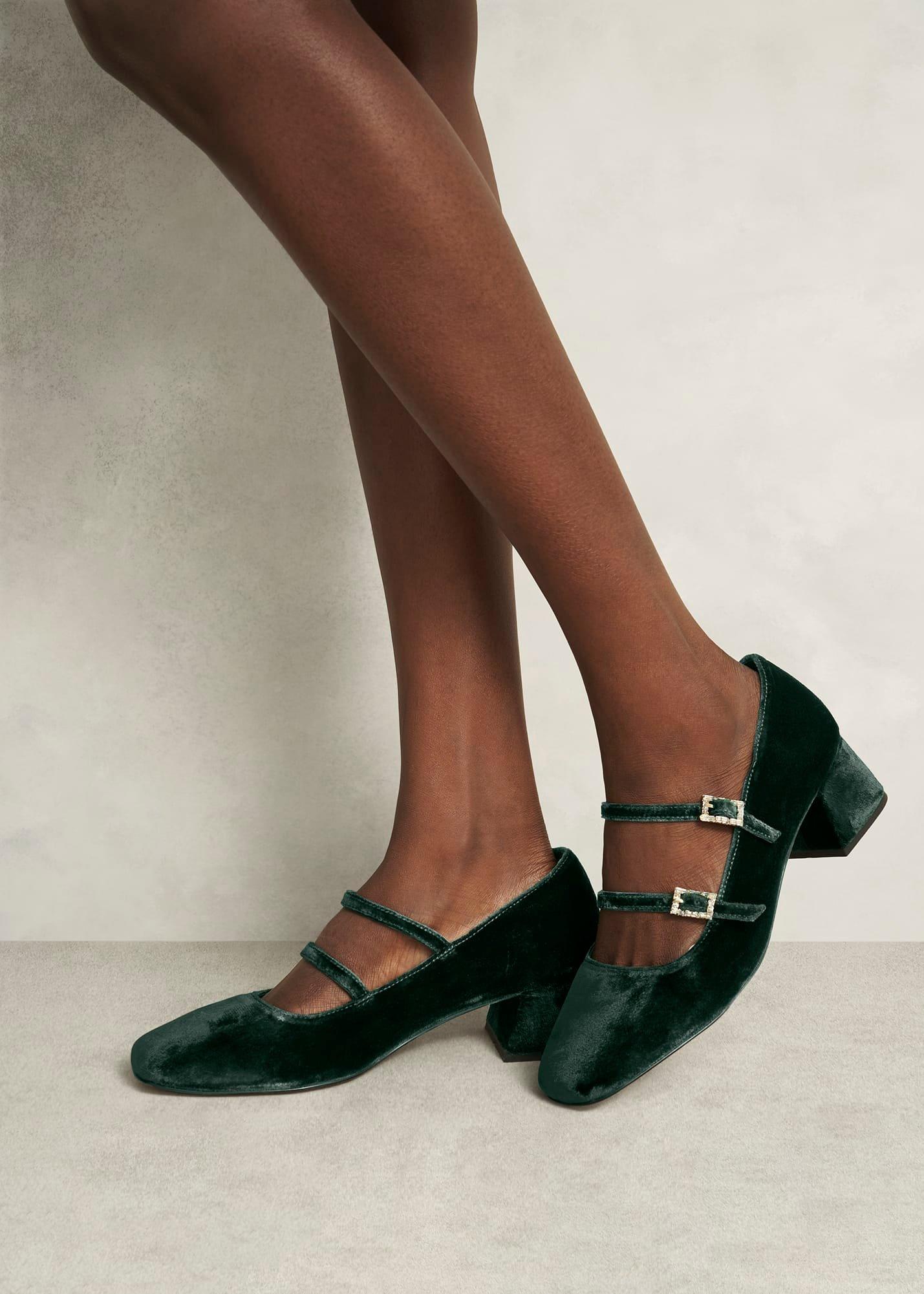 Rosaleen Velvet Heeled Mary Janes, Ponderosa Green, hi-res