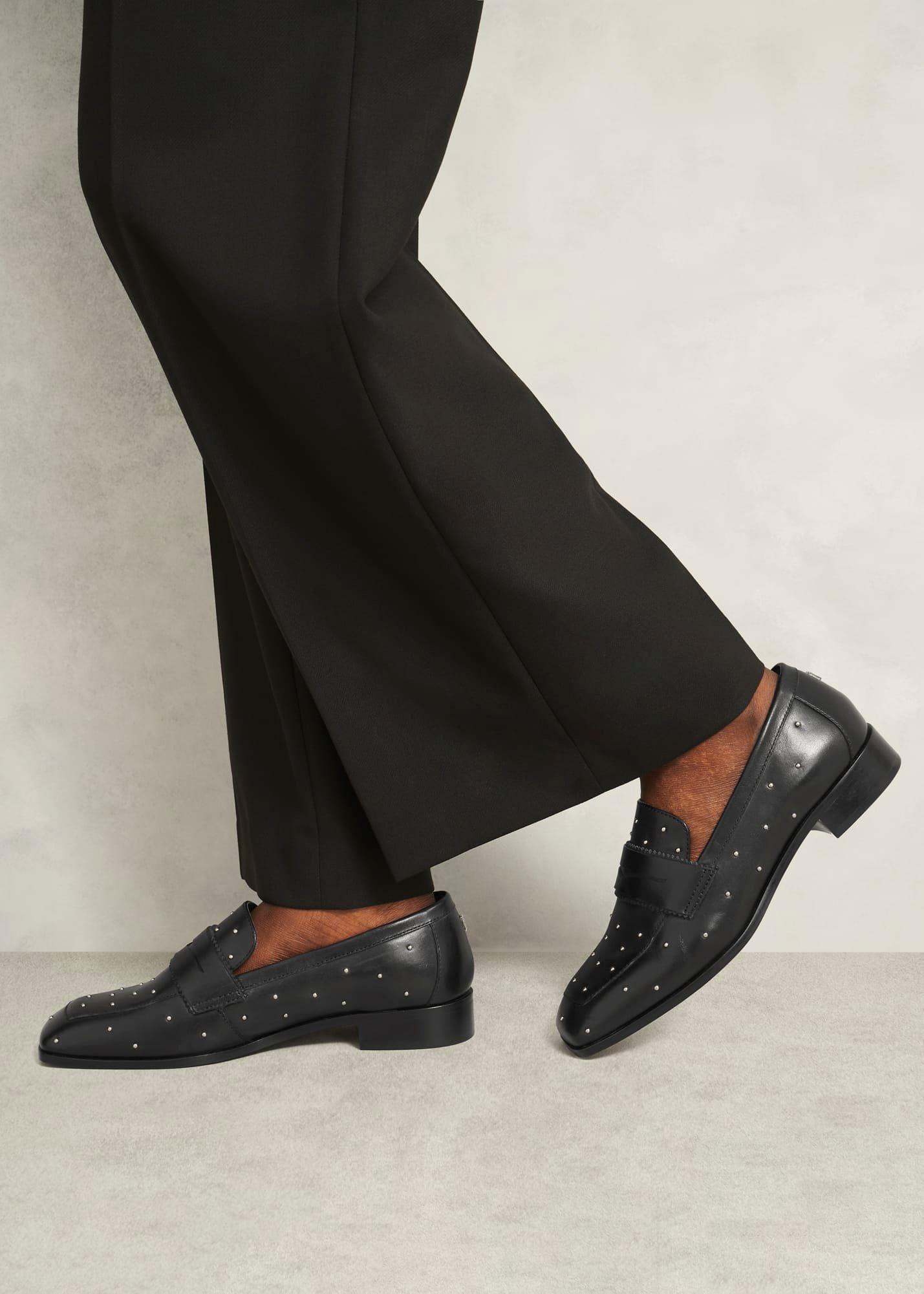 Natalie Leather Studded Loafers, Black, hi-res