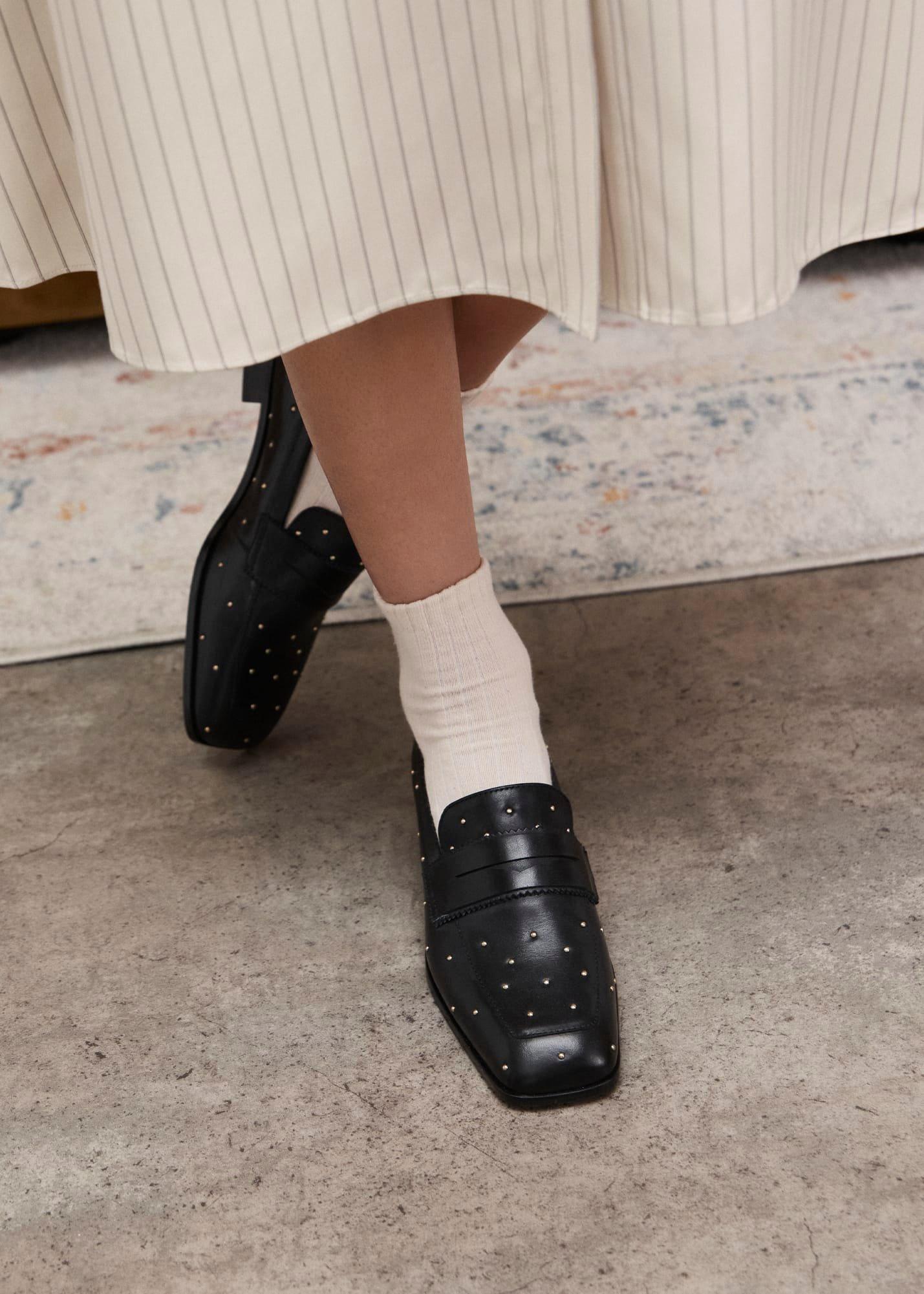 Natalie Leather Studded Loafers, Black, hi-res