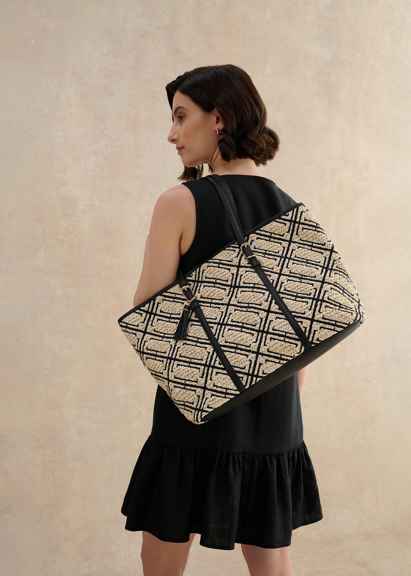 Kyra Raffia Tote Bag, Natural Black, hi-res