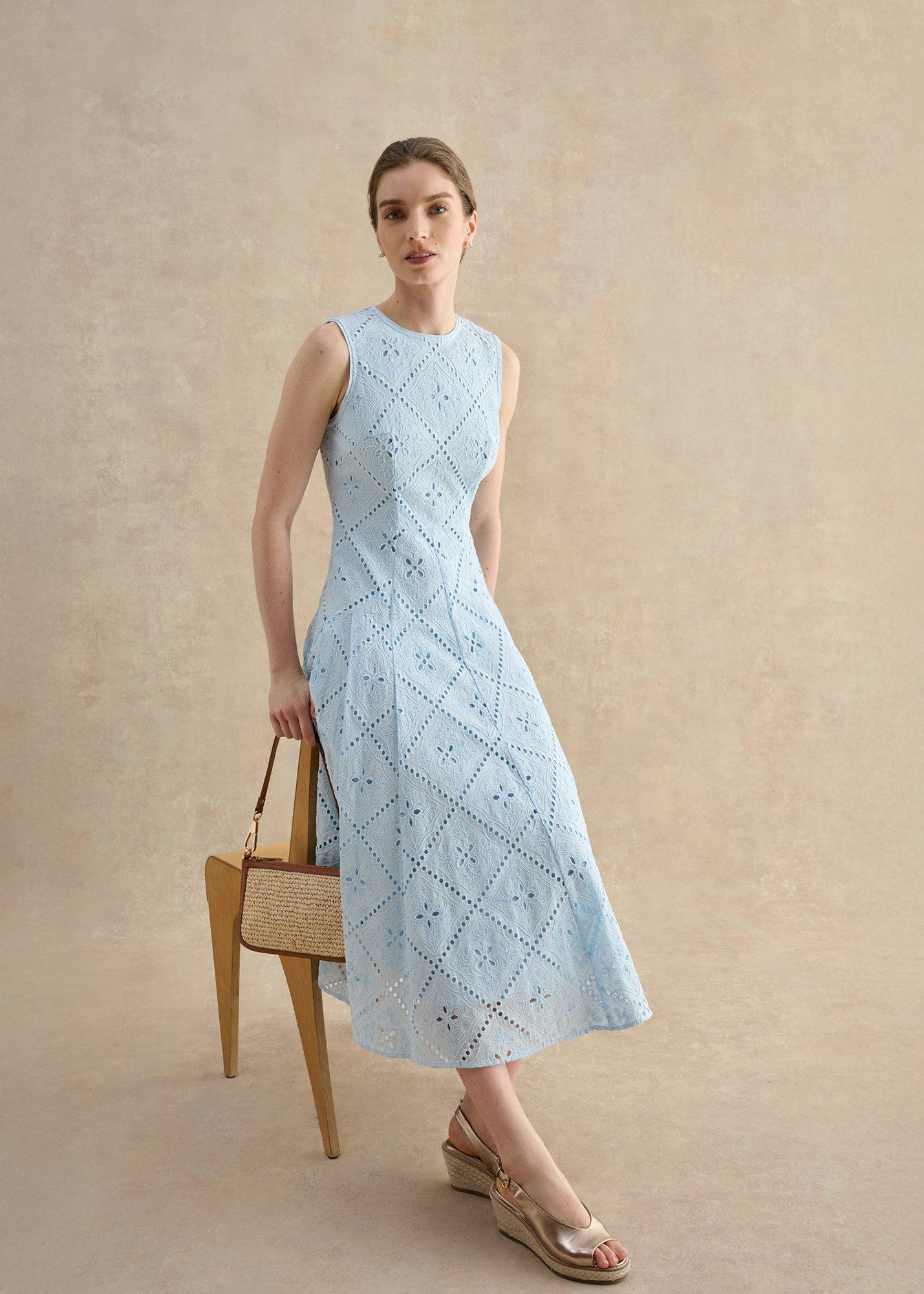 Lexia Broiderie Dress, Pale Blue, hi-res
