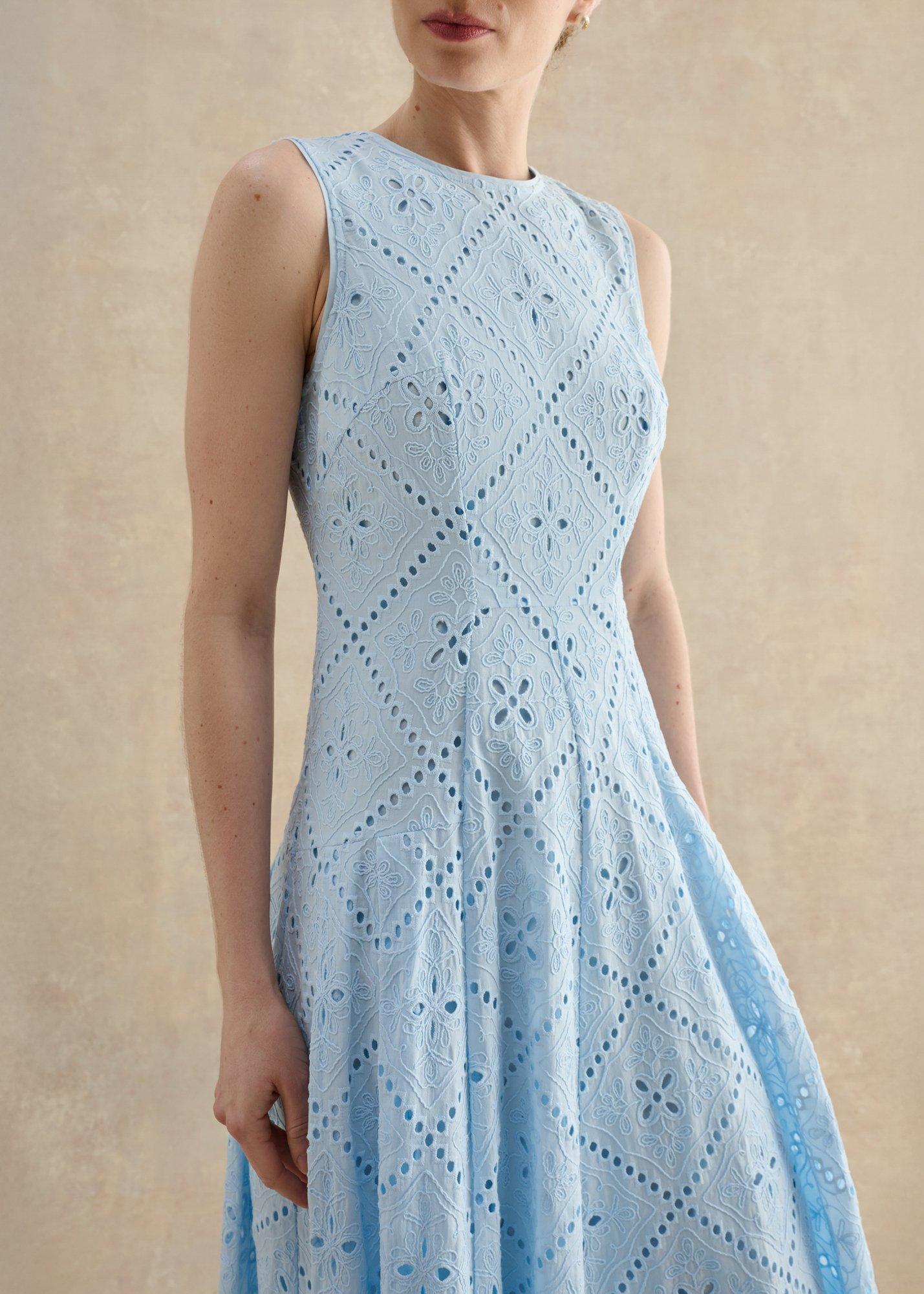 Petite Lexia Broiderie Dress, Pale Blue, hi-res