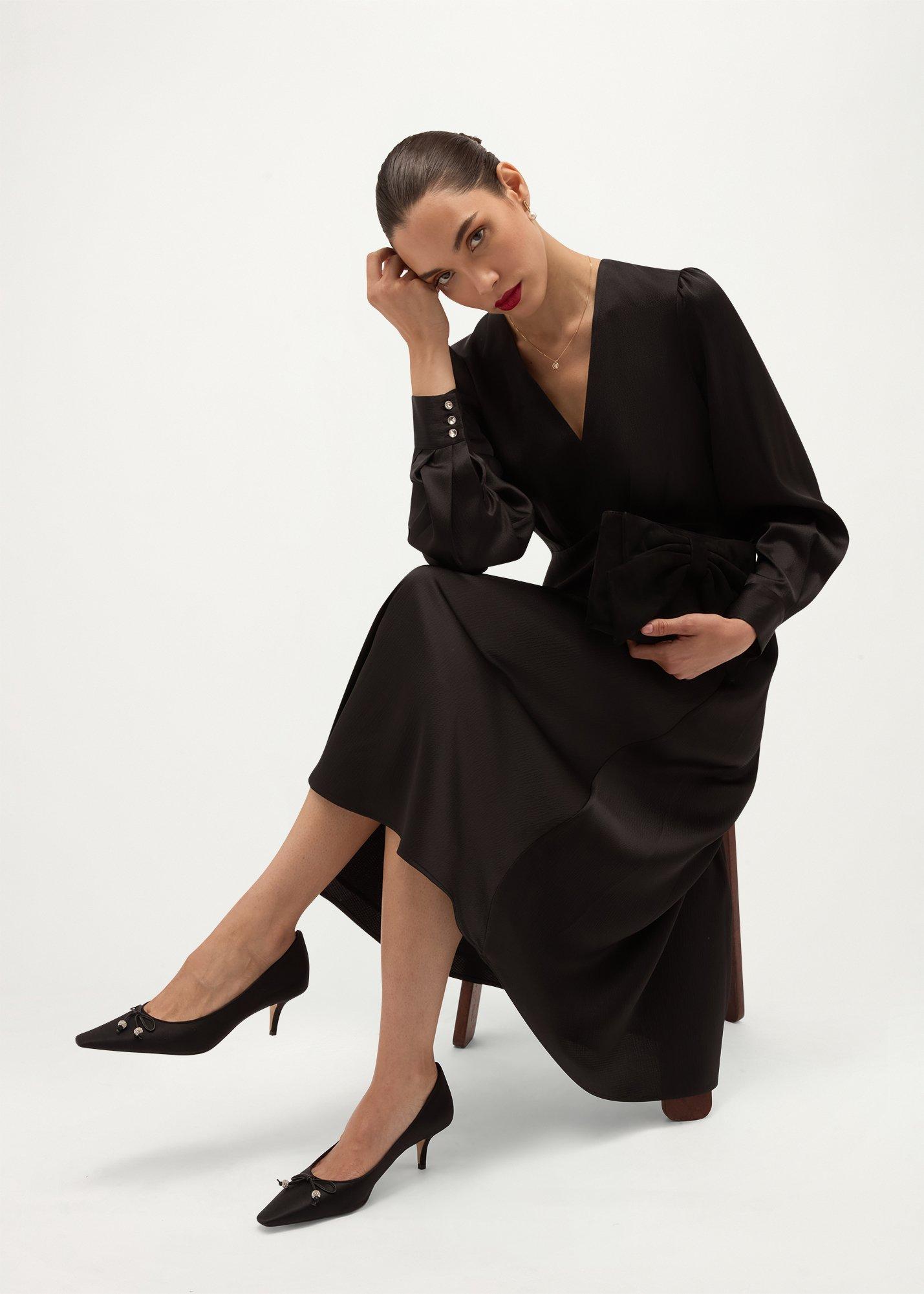 Anais Textured Satin Dress, Black, hi-res