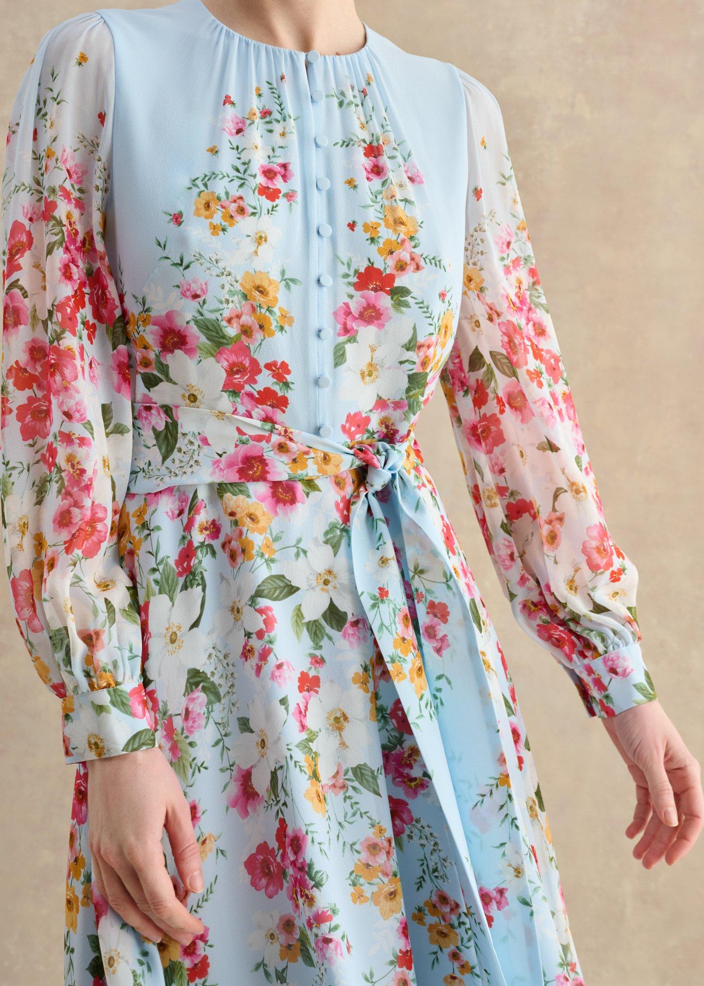 Liberty Silk Floral Dress, Pale Blue Multi, hi-res