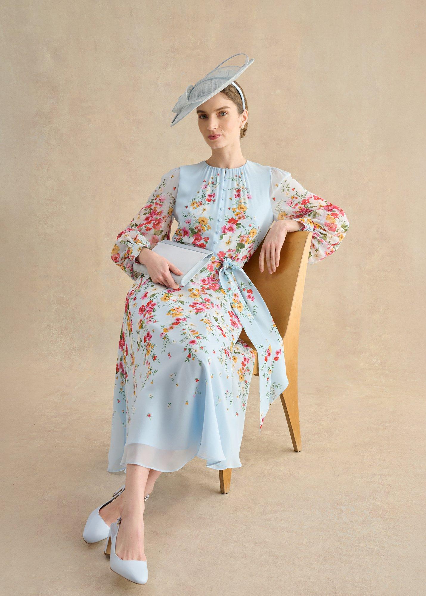 Petite Liberty Silk Floral Dress, Pale Blue Multi, hi-res