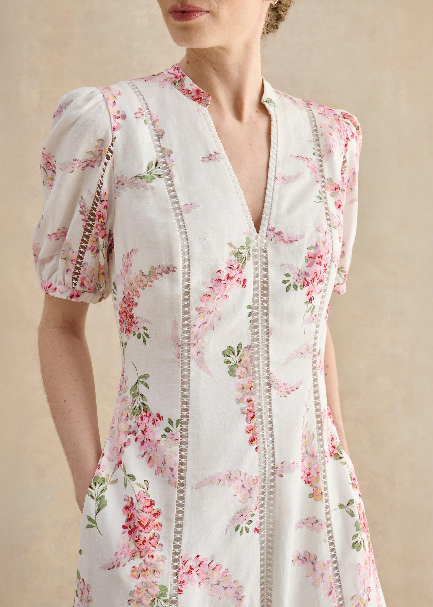 Matilda Trimmed Linen Dress, Ivory Multi, hi-res