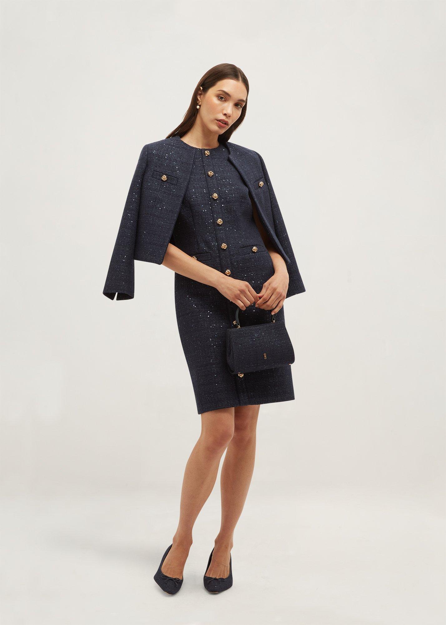 Bria Sequin Tweed Button Through Dress, Midnight Navy, hi-res