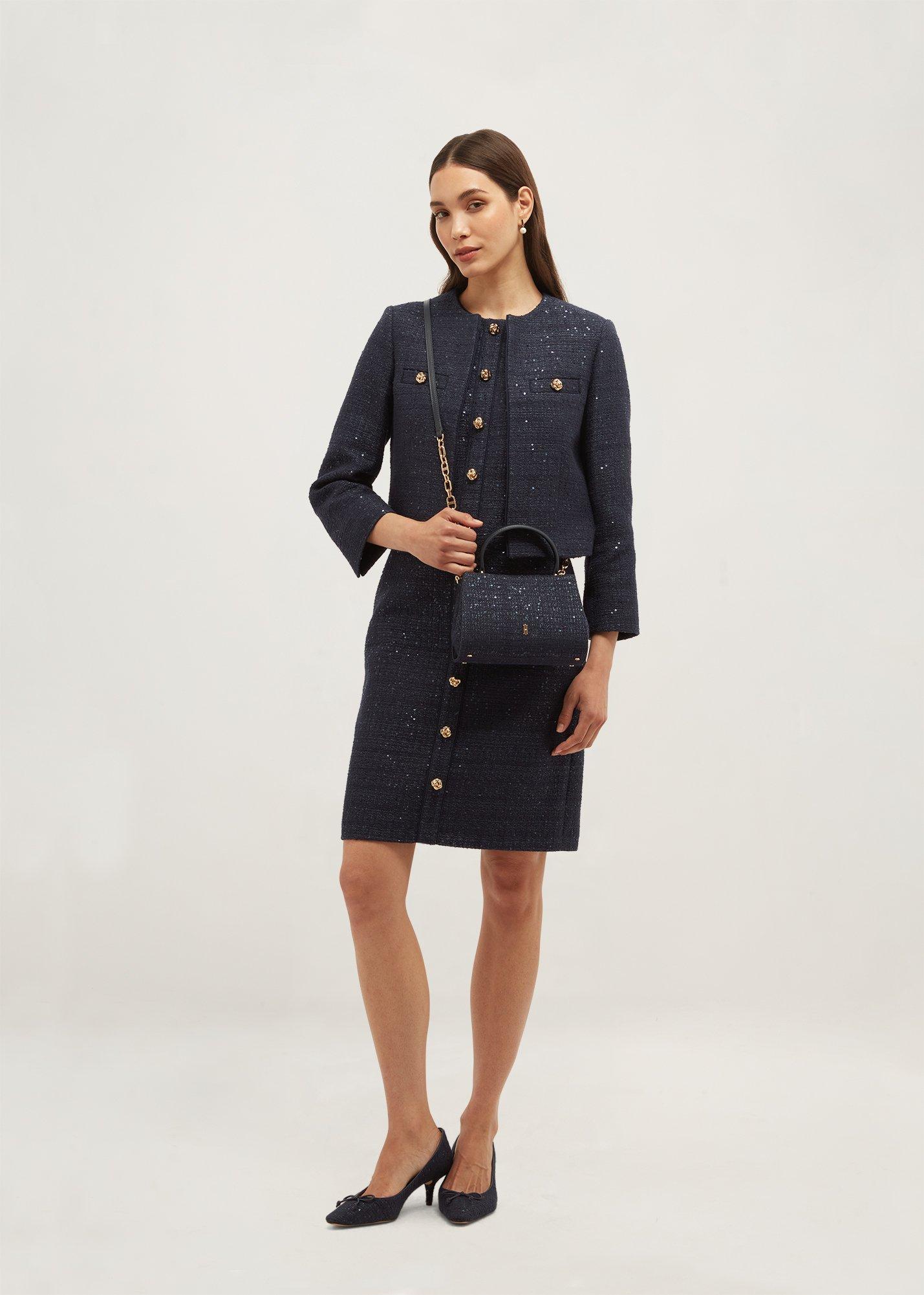 Bria Sequin Tweed Button Through Dress, Midnight Navy, hi-res
