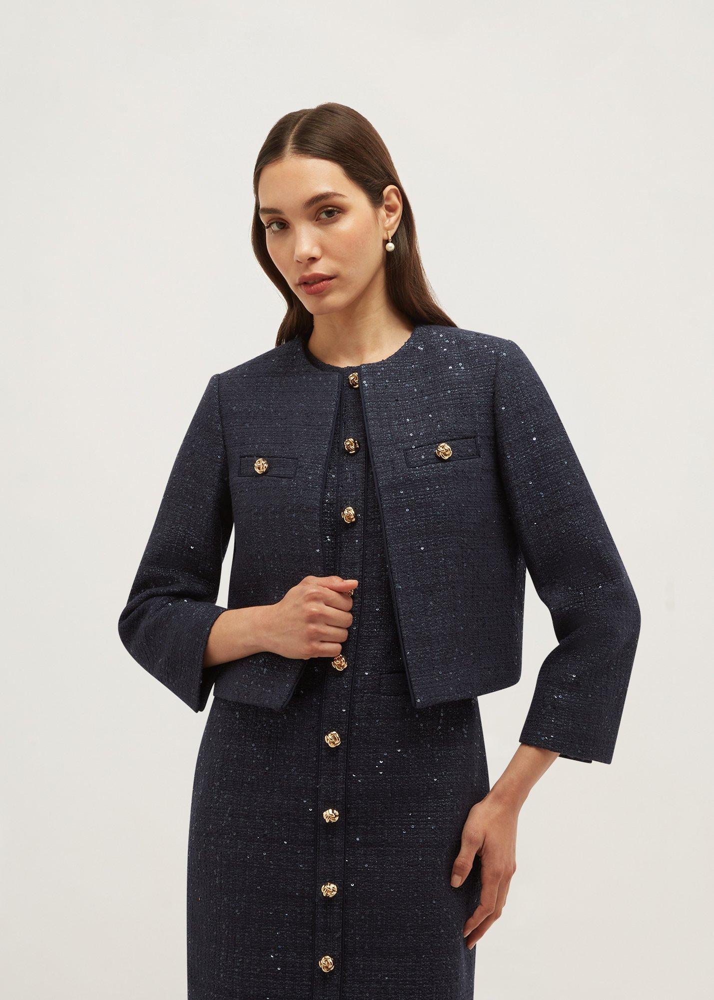 Bria Sequin Tweed Button Through Dress, Midnight Navy, hi-res