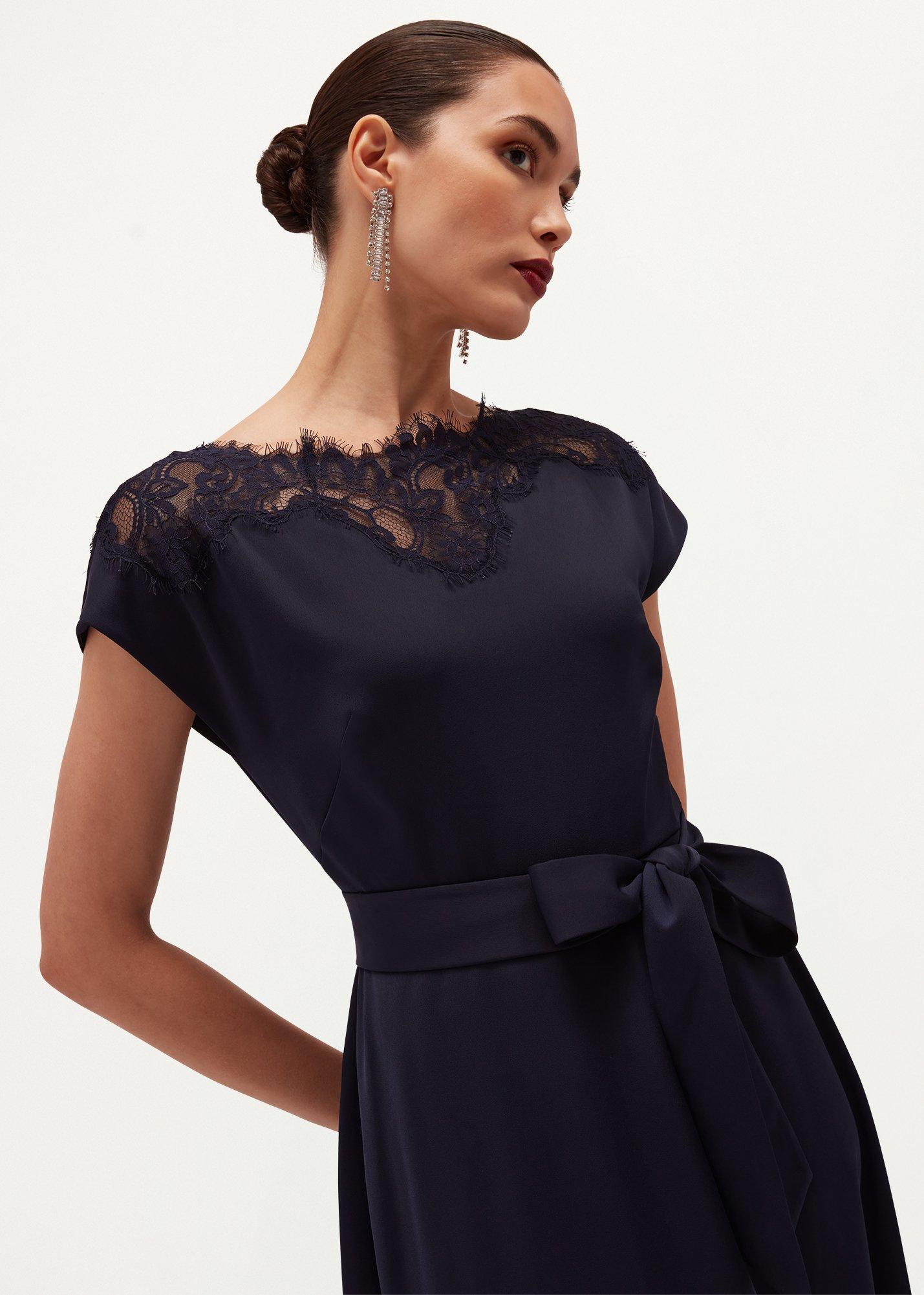 Amelie Lace Trim Satin Dress, Midnight Navy, hi-res