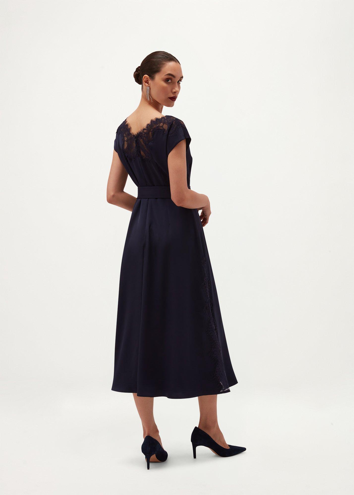 Amelie Lace Trim Satin Dress, Midnight Navy, hi-res