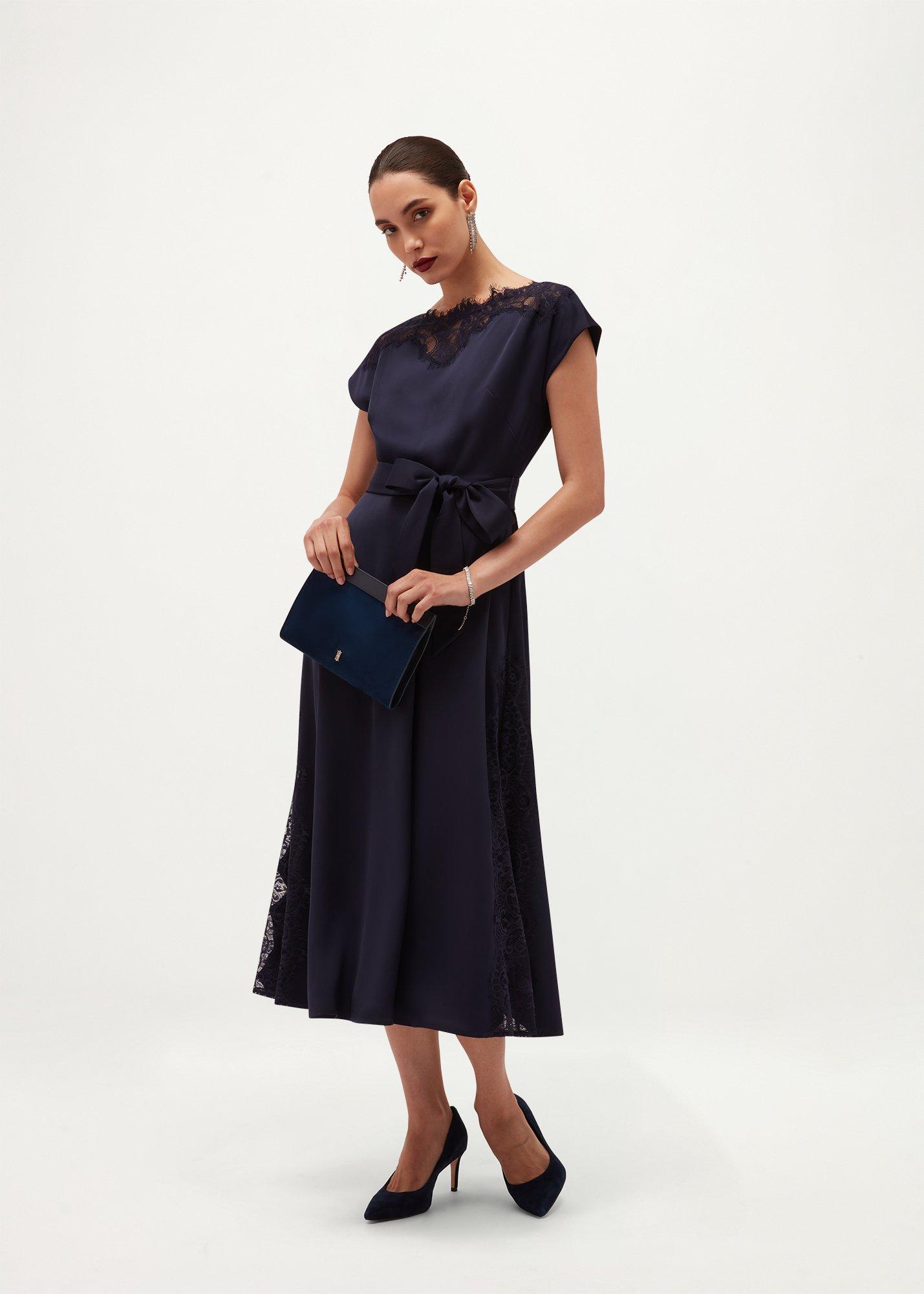 Amelie Lace Trim Satin Dress, Midnight Navy, hi-res