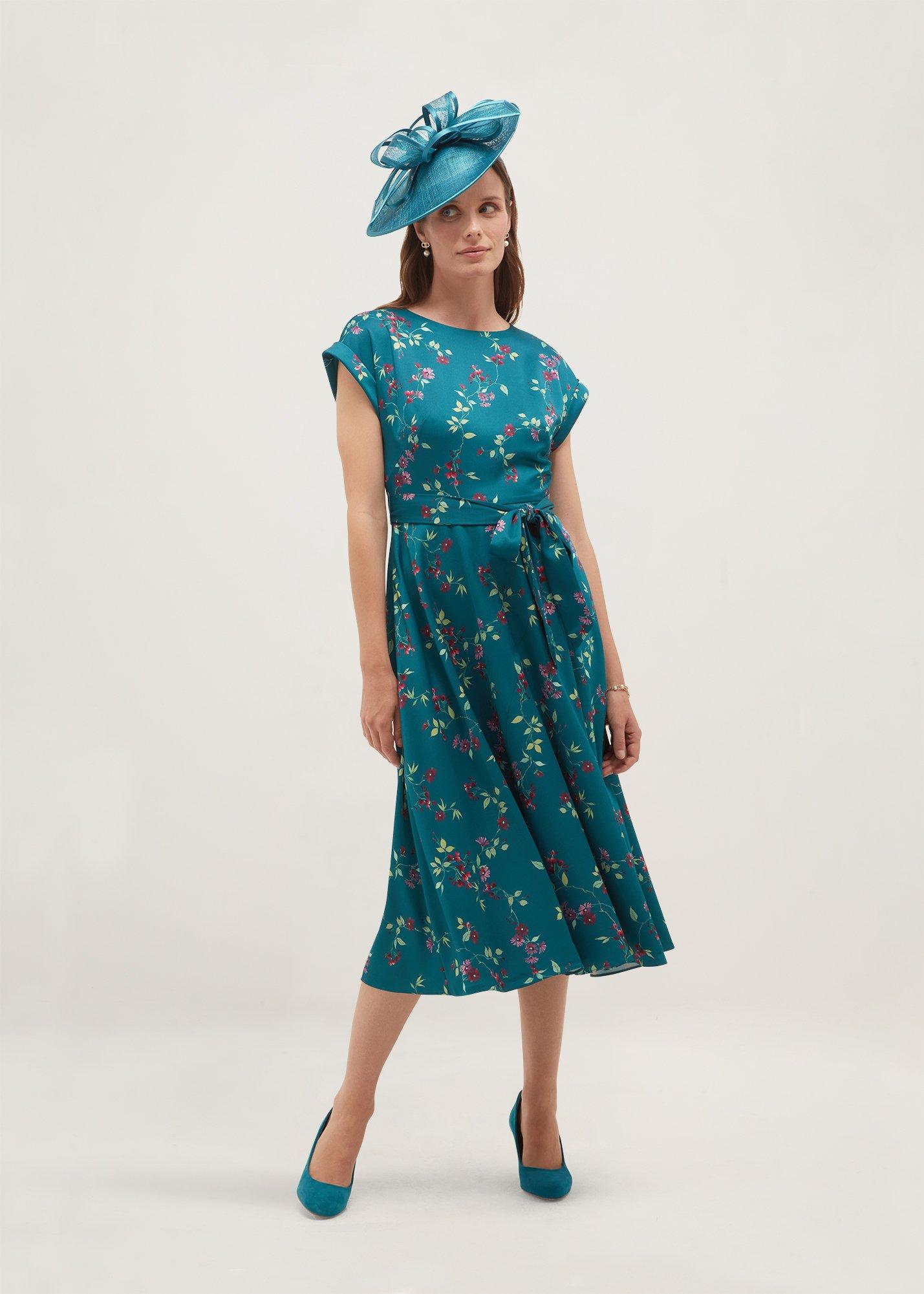 Alba Floral Satin Dress, Lagoon Multi, hi-res