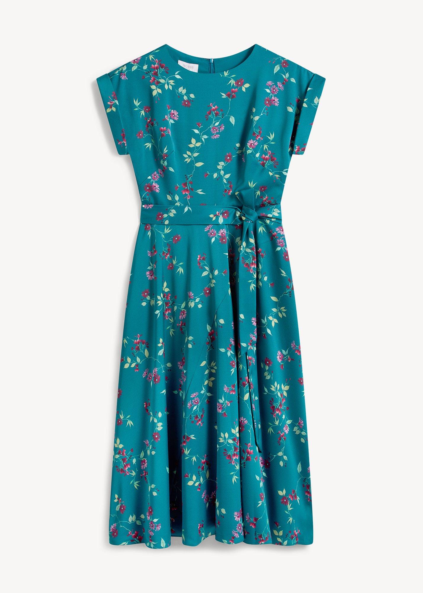 Petite Alba Floral Satin Dress, Lagoon Multi, hi-res
