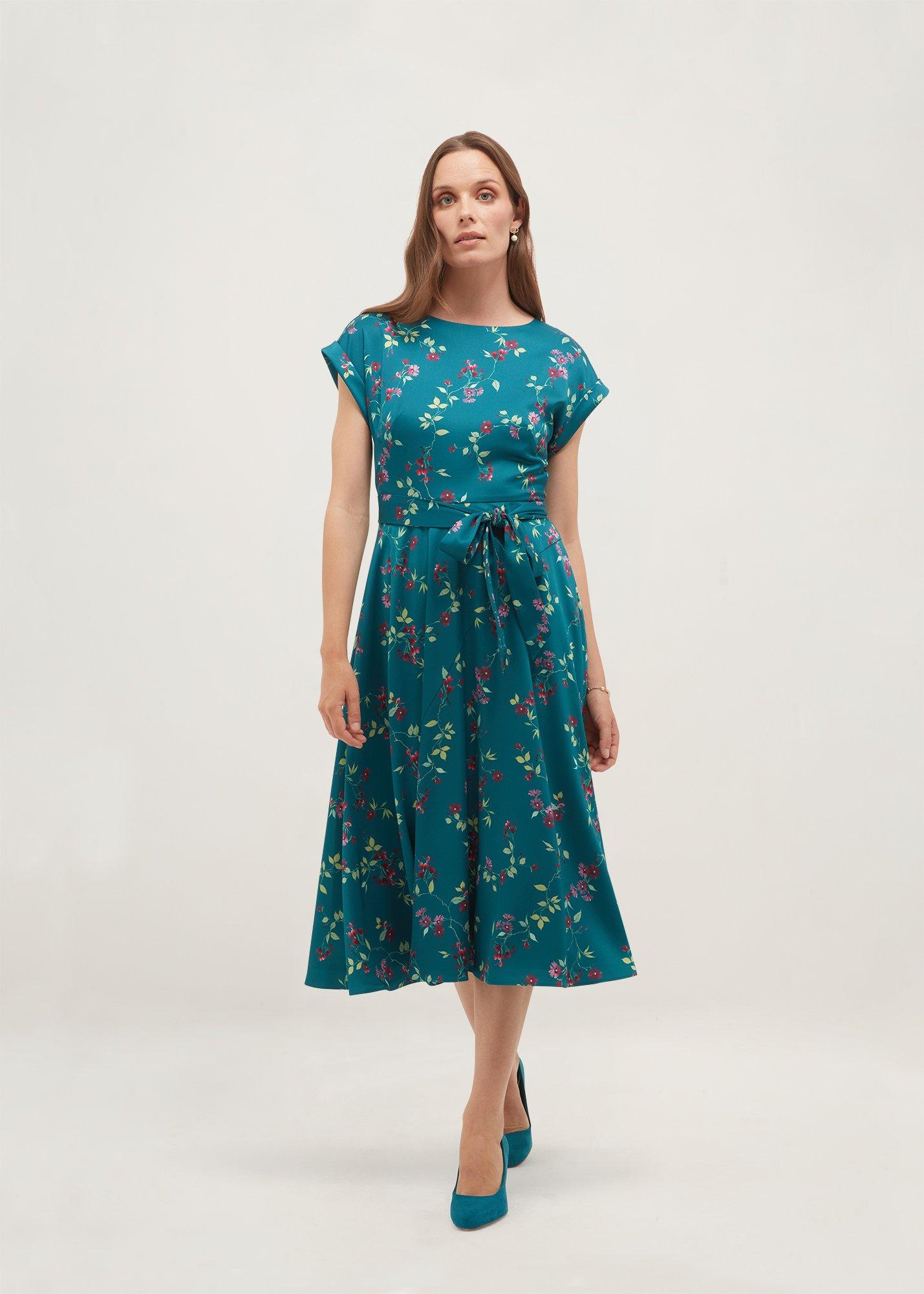 Petite Alba Floral Satin Dress, Lagoon Multi, hi-res