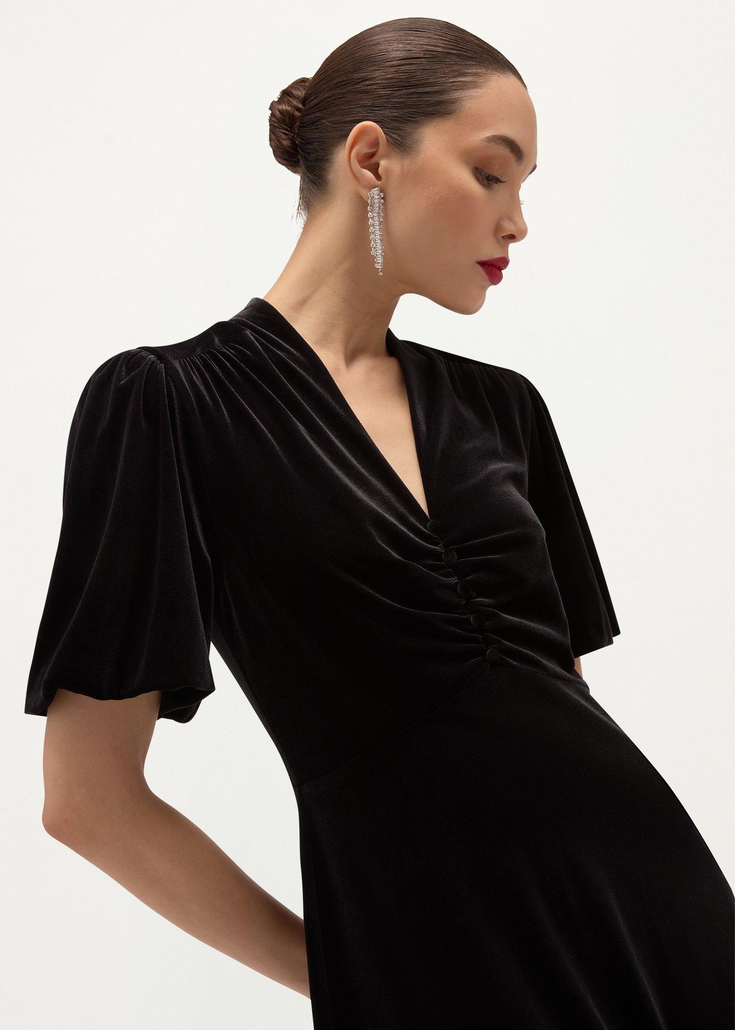 Eleanora Velvet Button Through Dress, Black, hi-res