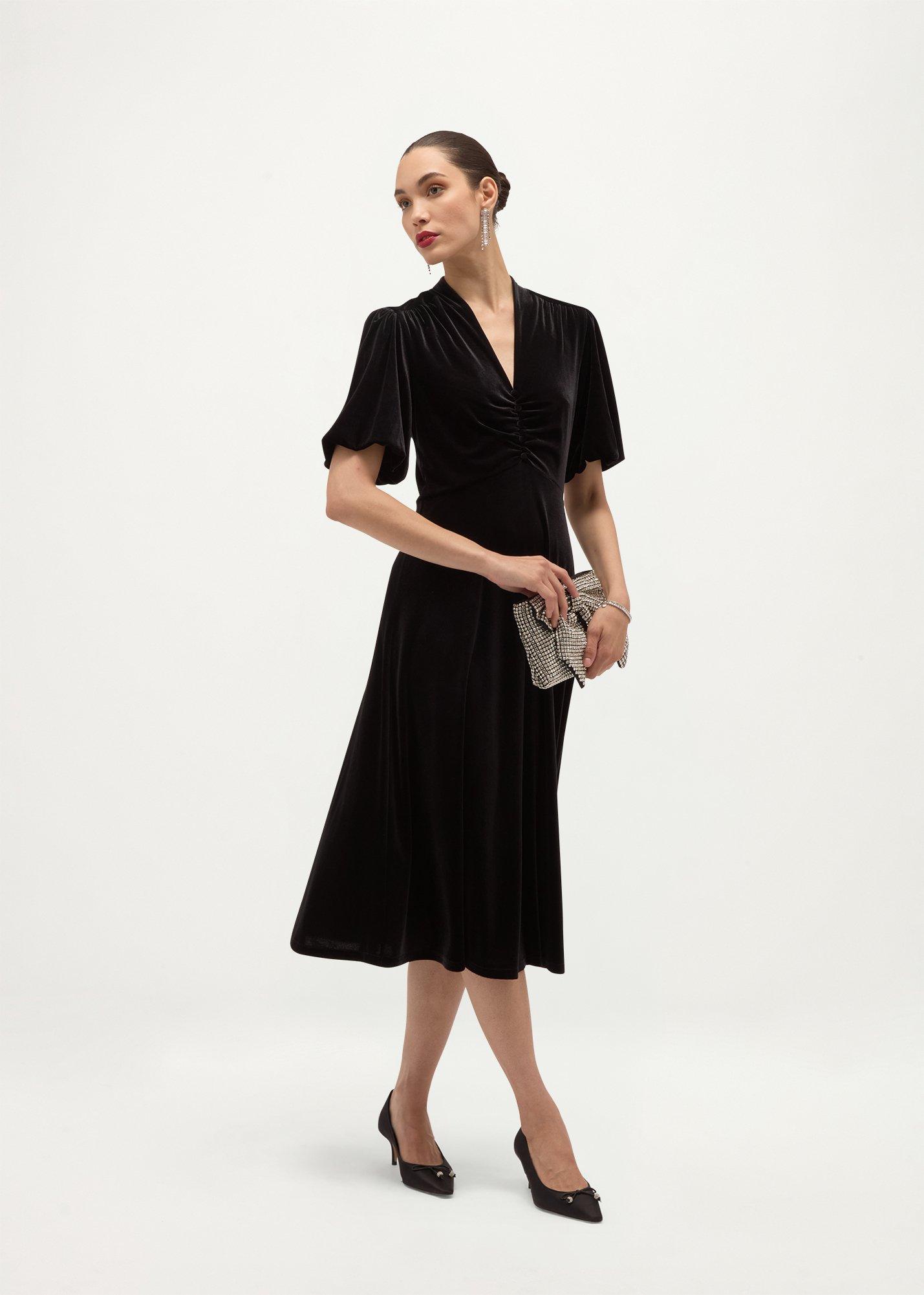 Eleanora Velvet Button Through Dress, Black, hi-res