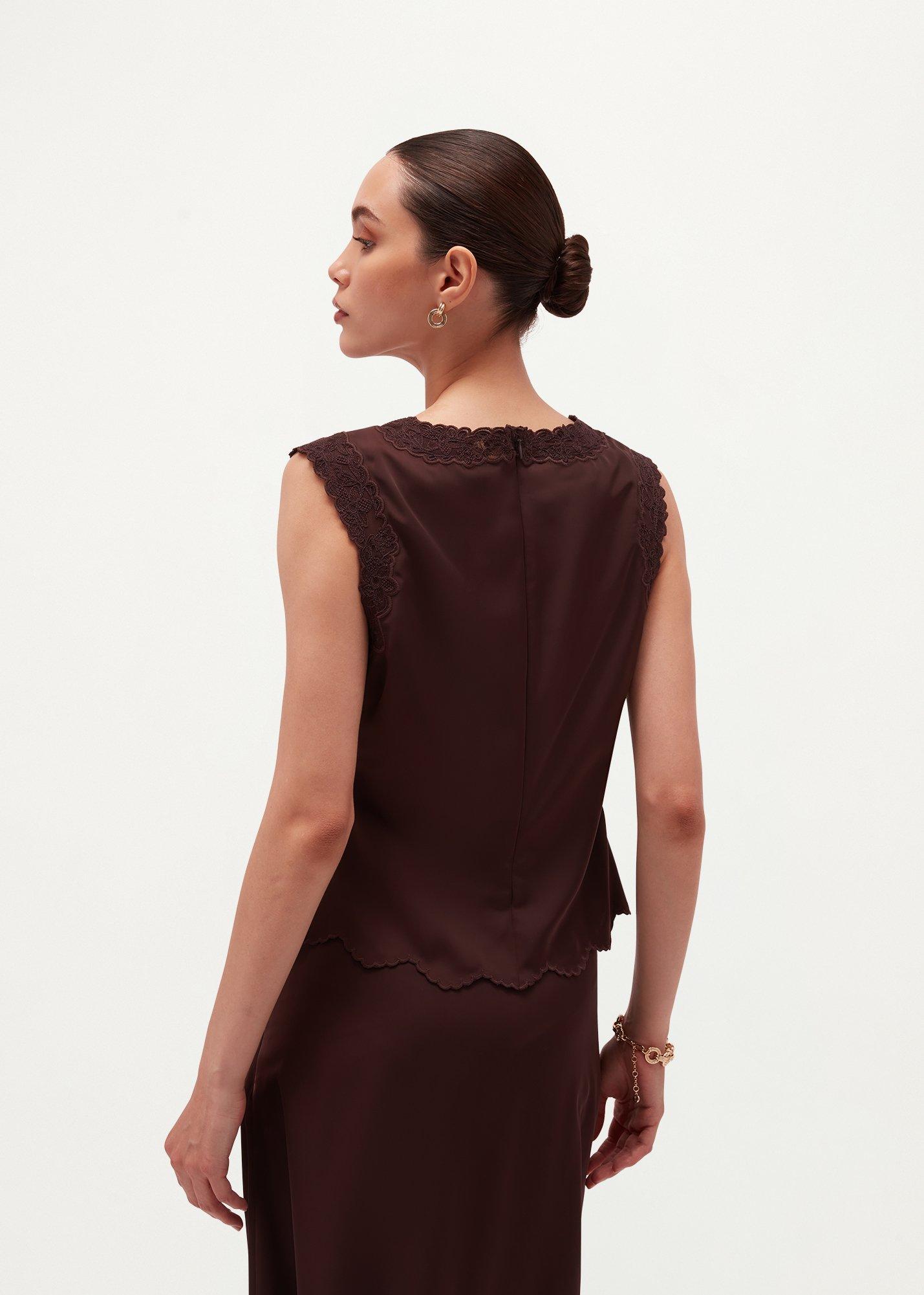 Beaumont Trimmed Satin Top, Deep Brown, hi-res