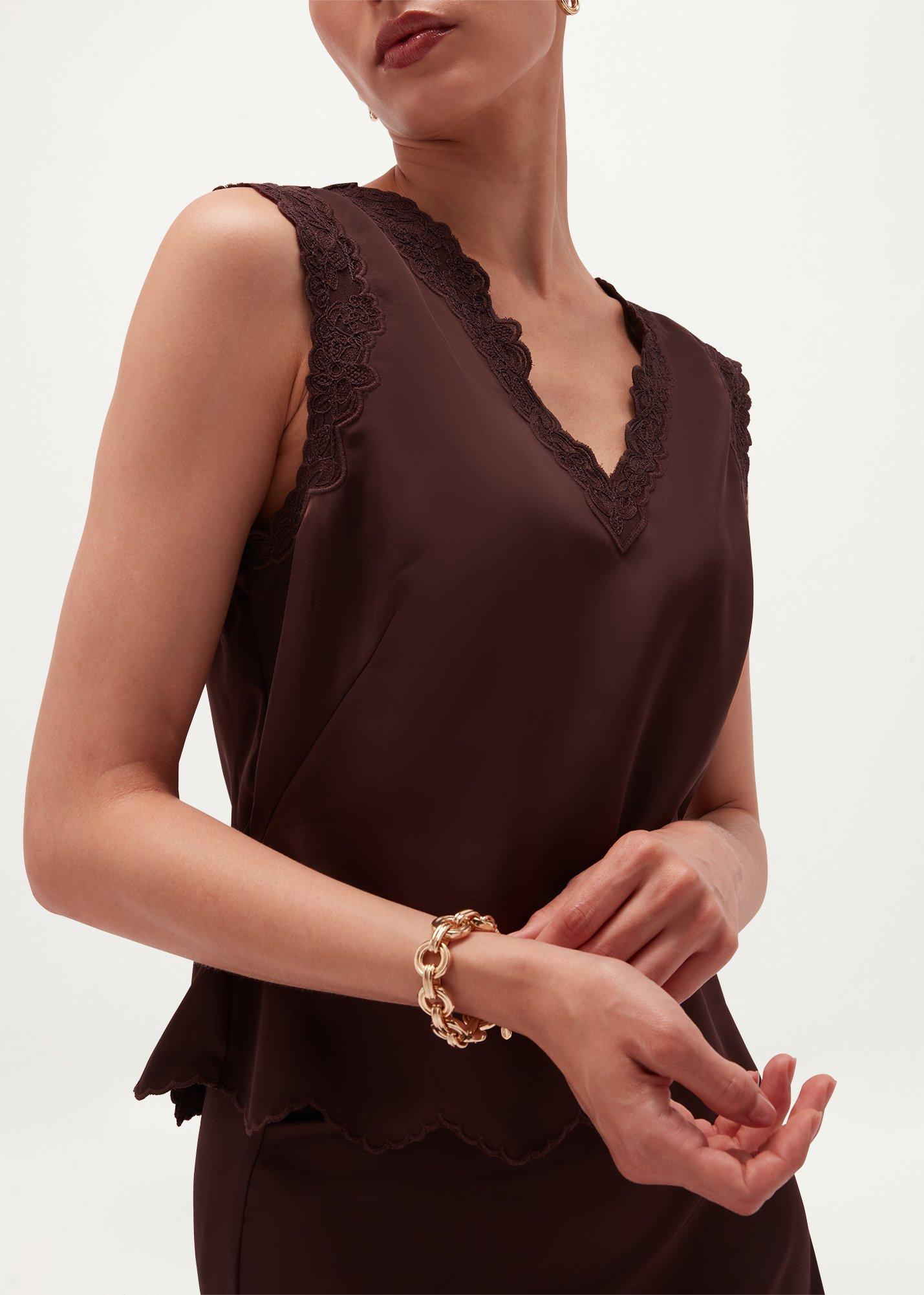 Beaumont Trimmed Satin Top, Deep Brown, hi-res