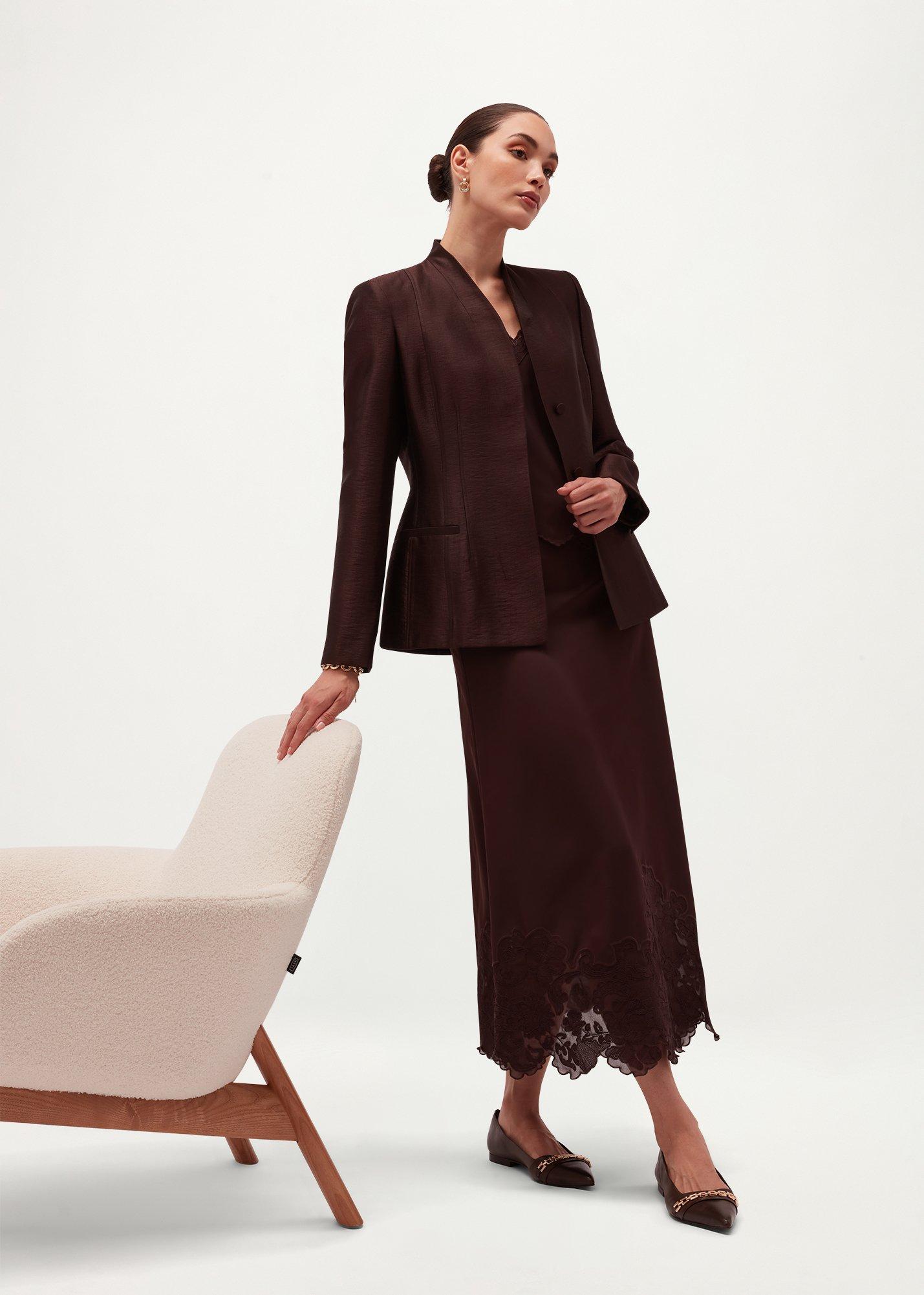 Beaumont Trimmed Satin Top, Deep Brown, hi-res