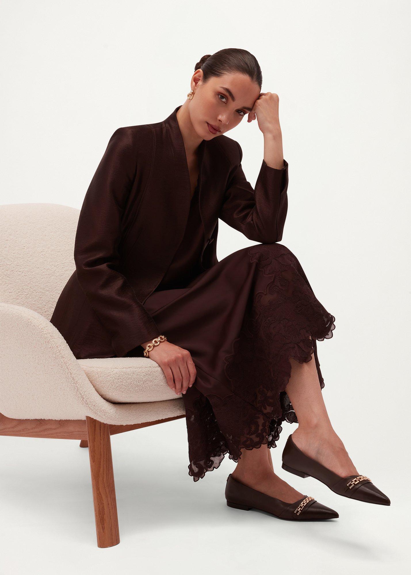 Beaumont Trimmed Satin Skirt, Deep Brown, hi-res
