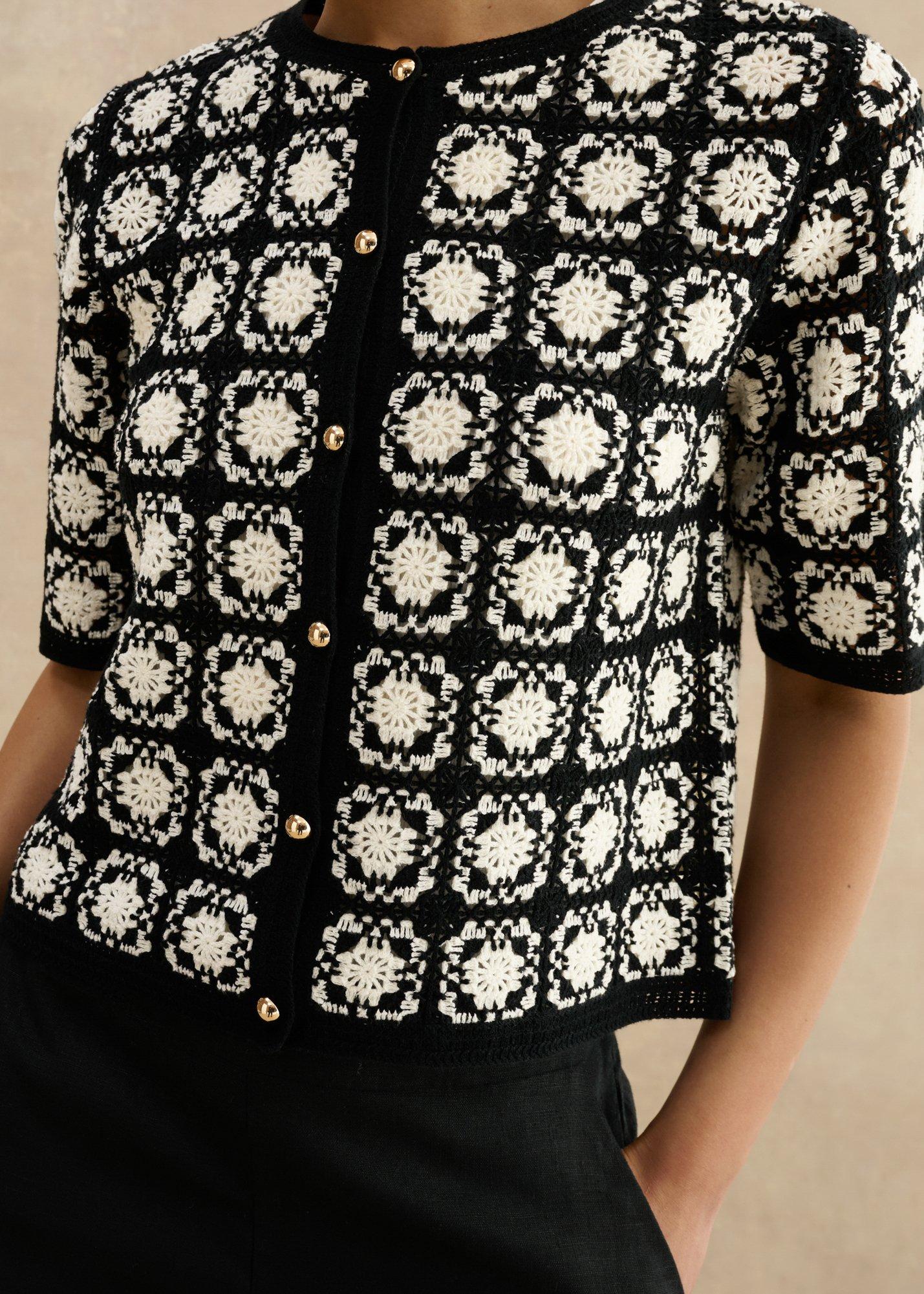 Sophia Crochet Short Sleeve Cardigan , Ivory Navy, hi-res